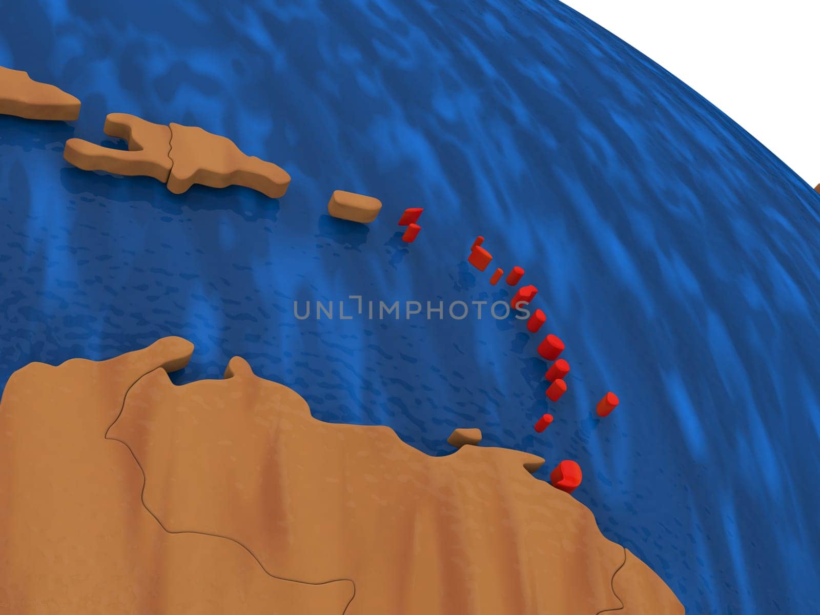 Map of Caribbean on wooden globe. 3D illustration