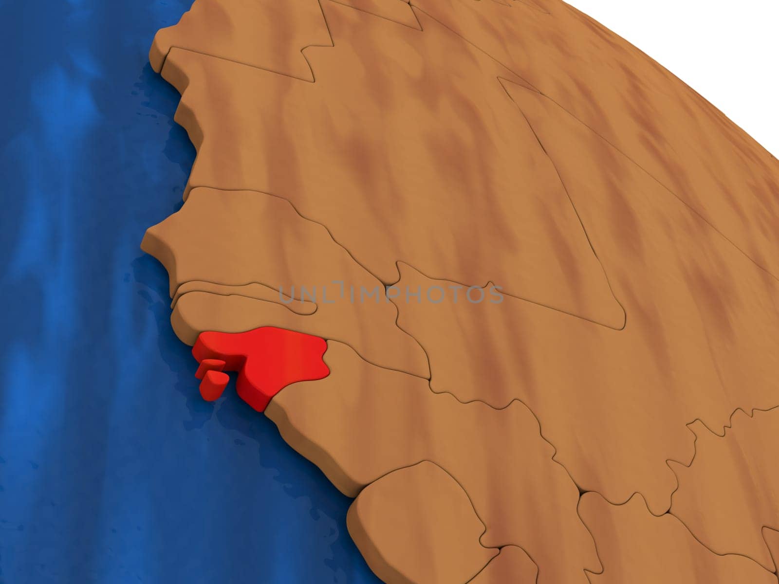 Map of Guinea-Bissau on wooden globe. 3D illustration
