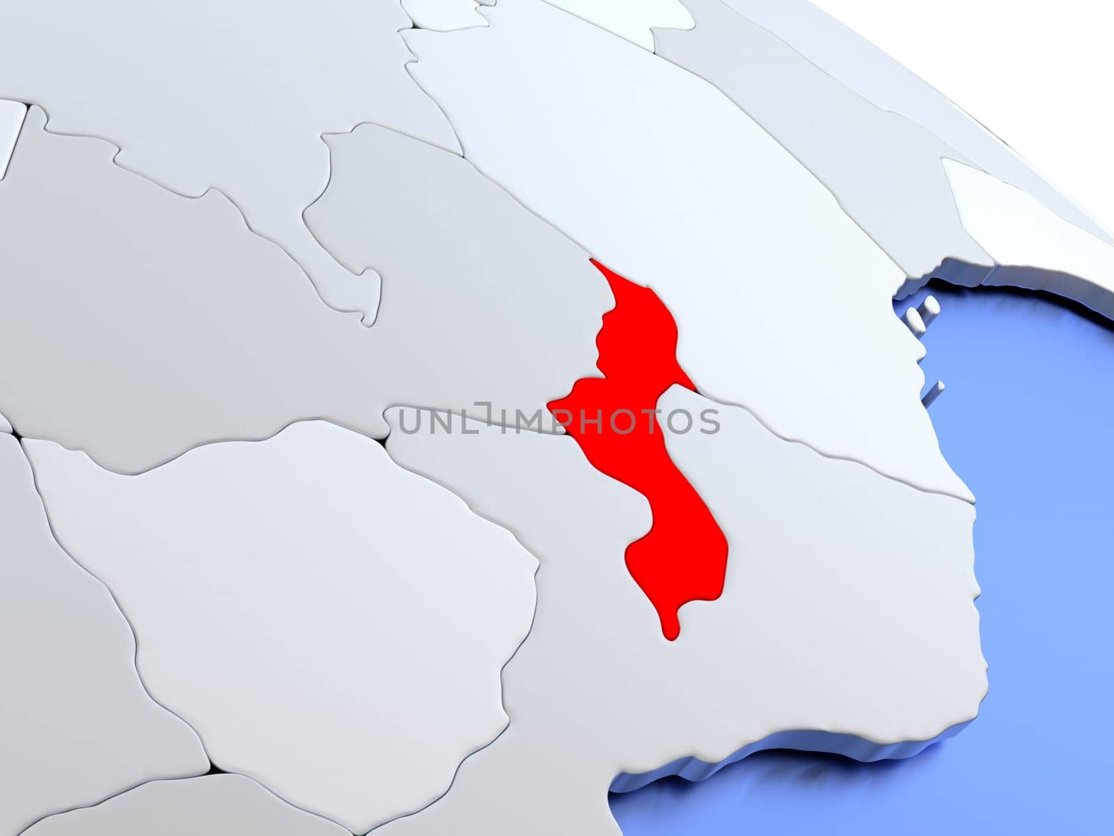 Map of Malawi on elegant silver 3D globe with blue oceans. 3D illustration