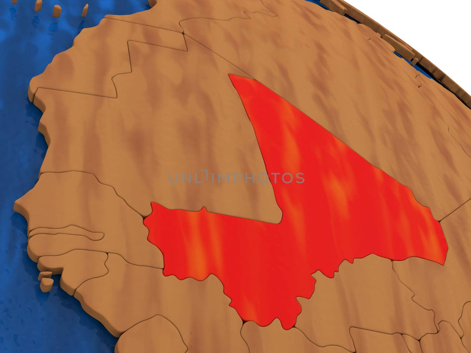 Map of Mali on wooden globe. 3D illustration