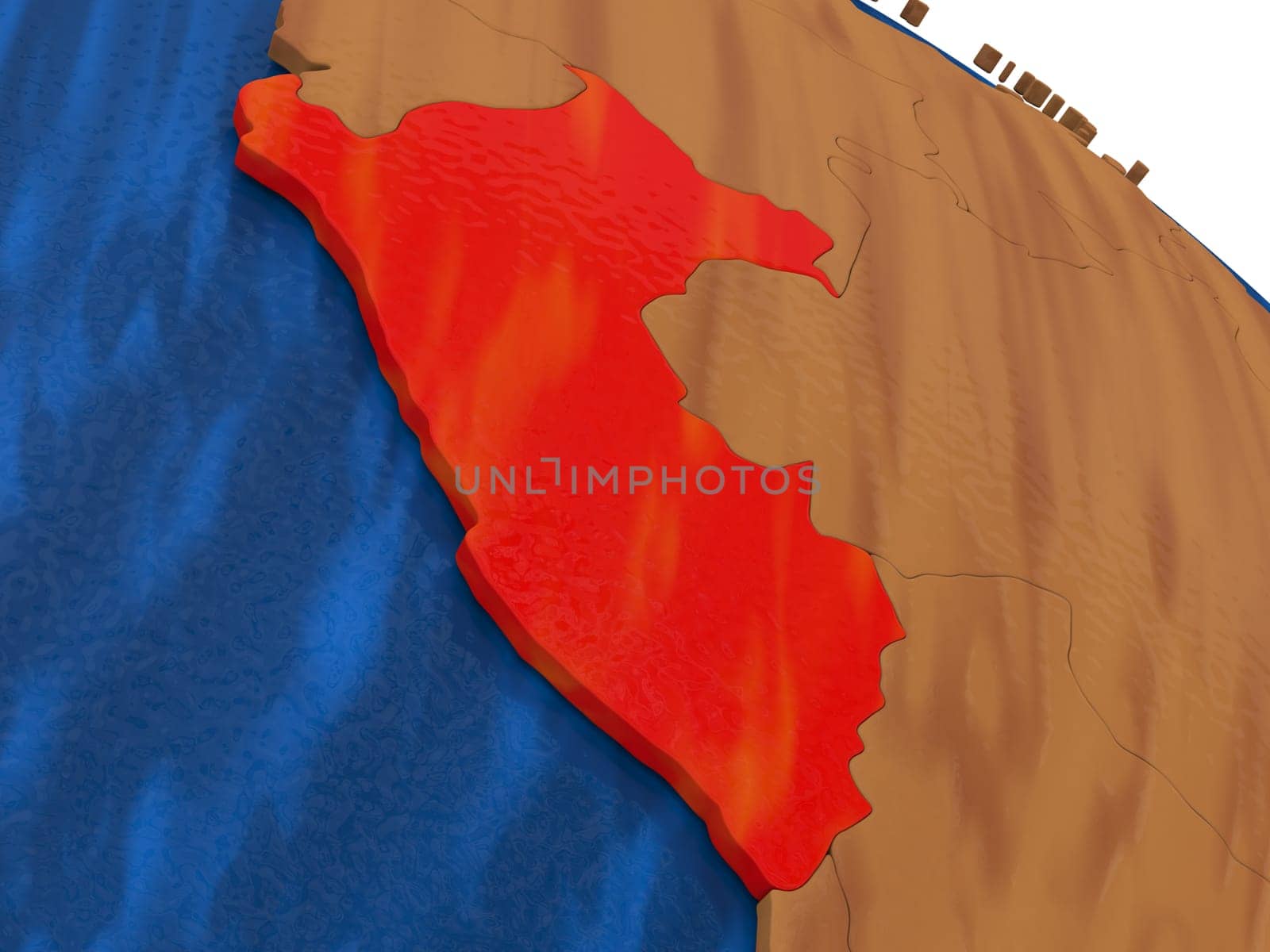 Map of Peru on wooden globe. 3D illustration