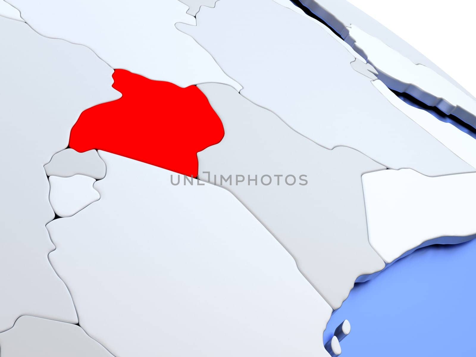 Map of Uganda on elegant silver 3D globe with blue oceans. 3D illustration