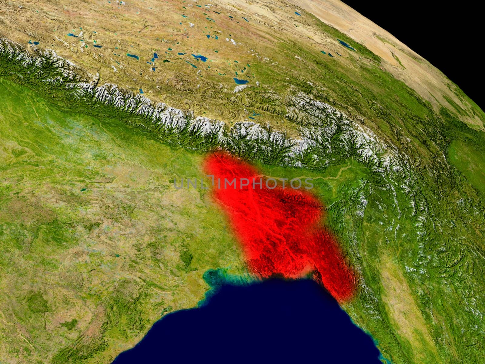Bangladesh from space in red. 3D illustration with highly detailed realistic planet surface. Elements of this image furnished by NASA.