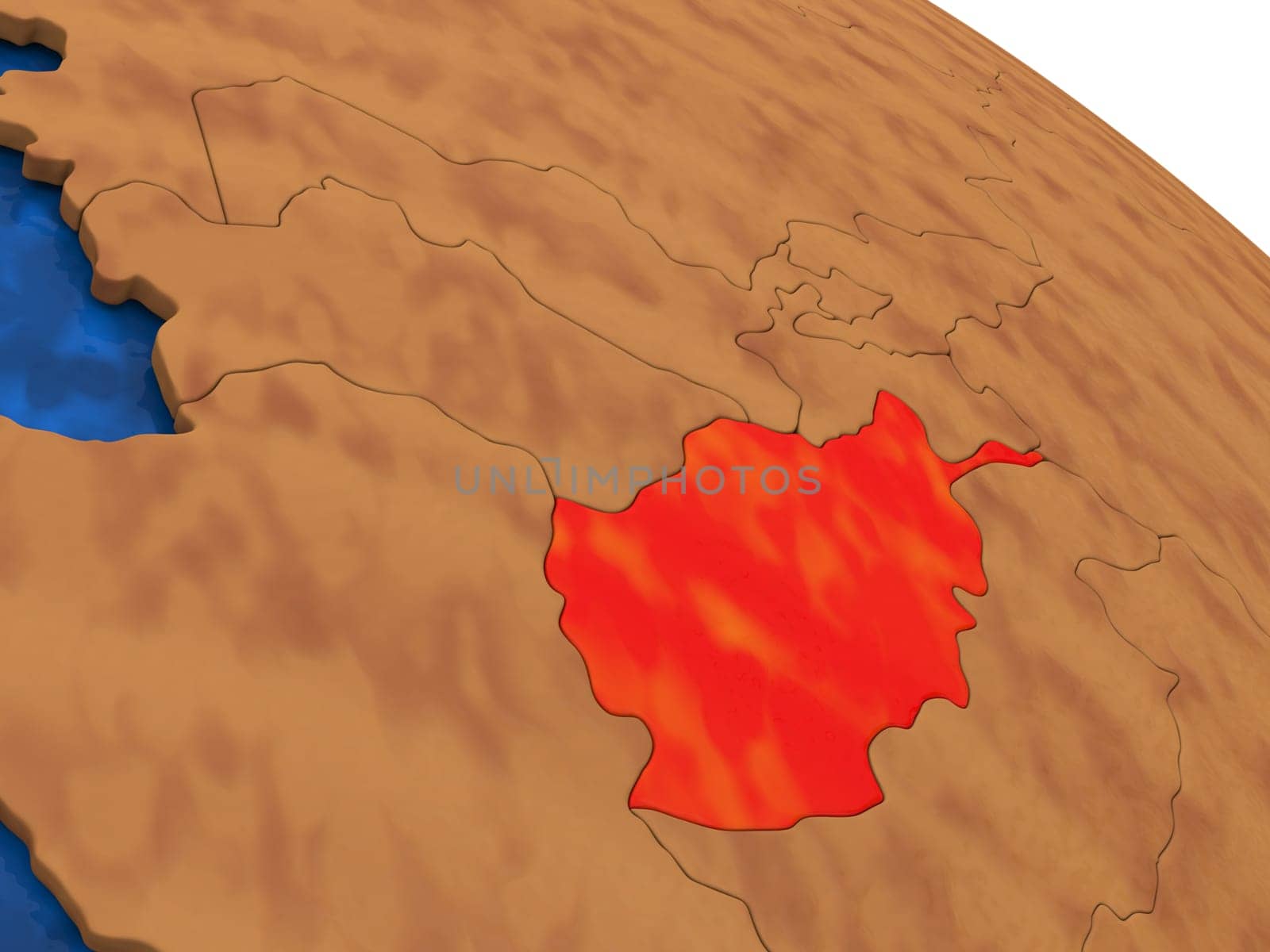 Map of Afghanistan on wooden globe. 3D illustration