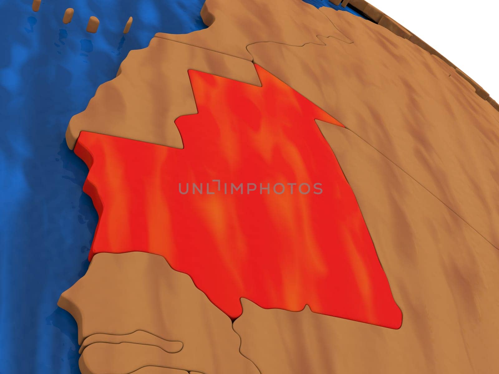 Map of Mauritania on wooden globe. 3D illustration