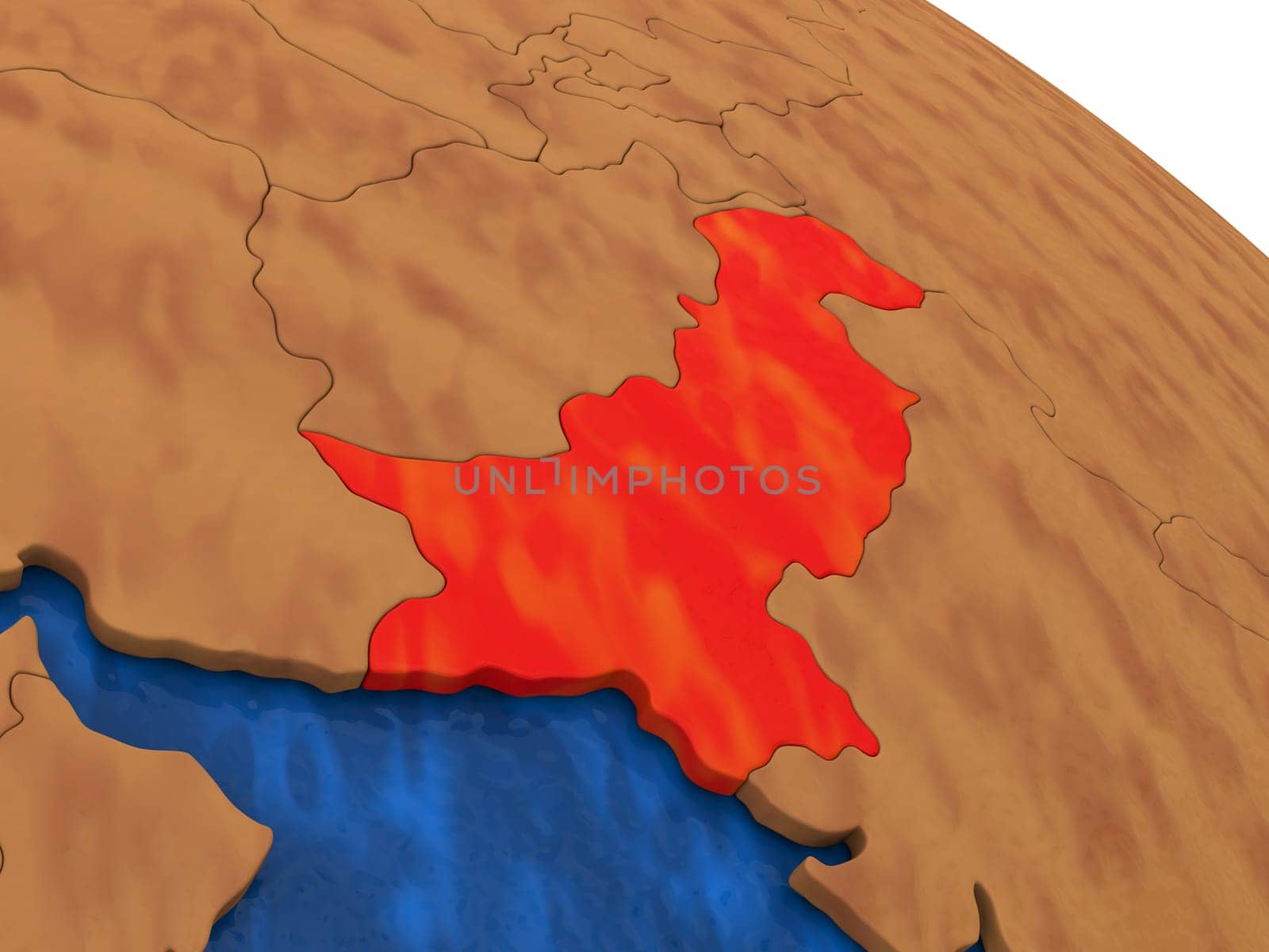 Map of Pakistan on wooden globe. 3D illustration