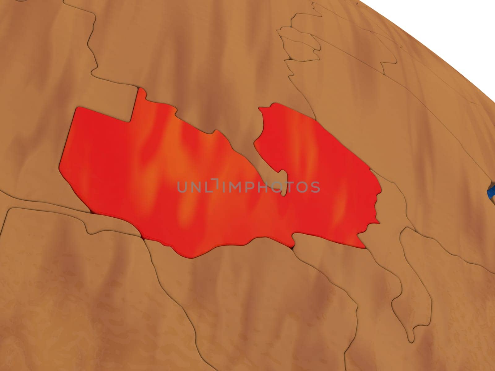 Map of Zambia on wooden globe. 3D illustration
