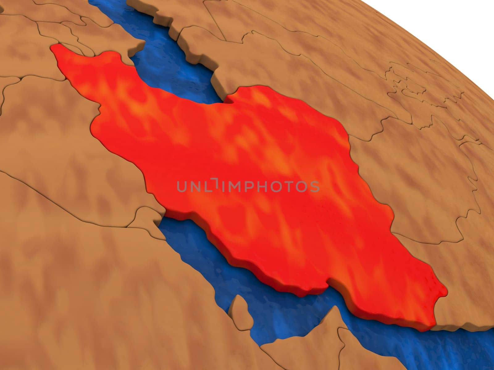 Map of Iran on wooden globe. 3D illustration