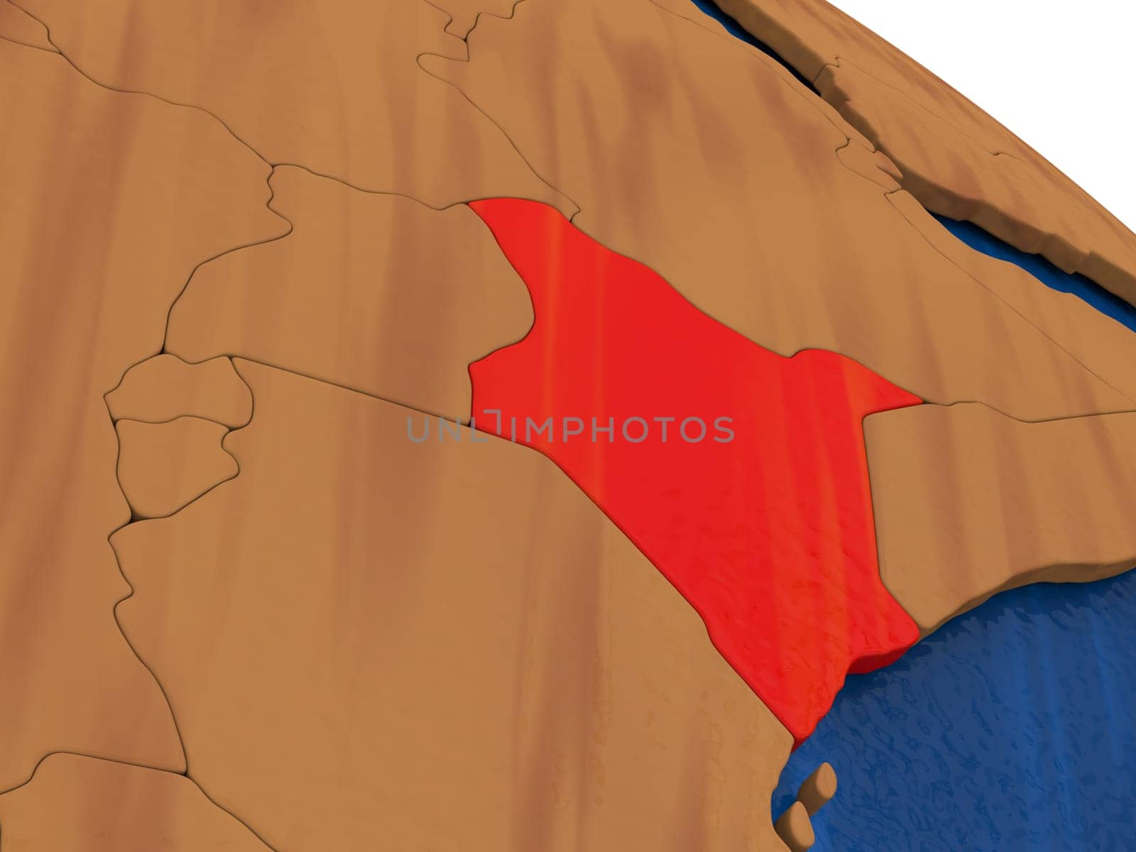 Map of Kenya on wooden globe. 3D illustration