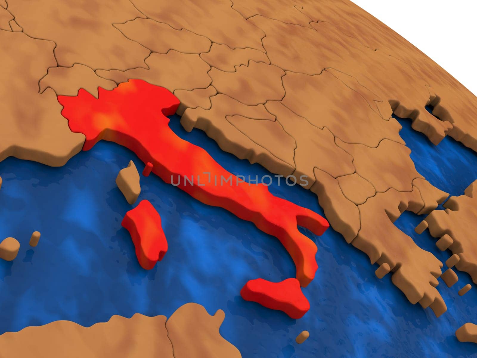 Map of Italy on wooden globe. 3D illustration
