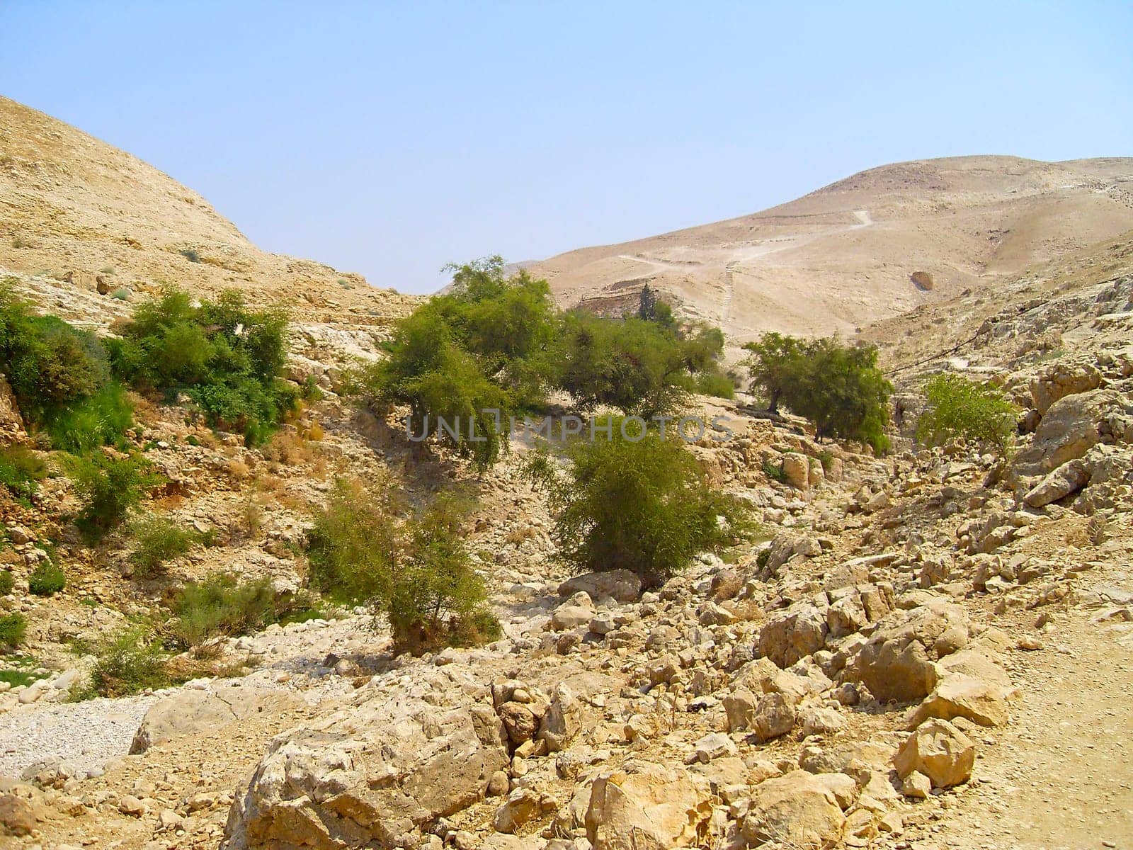 Israelis dry and sandy stone desert landscape by the Dead sea.