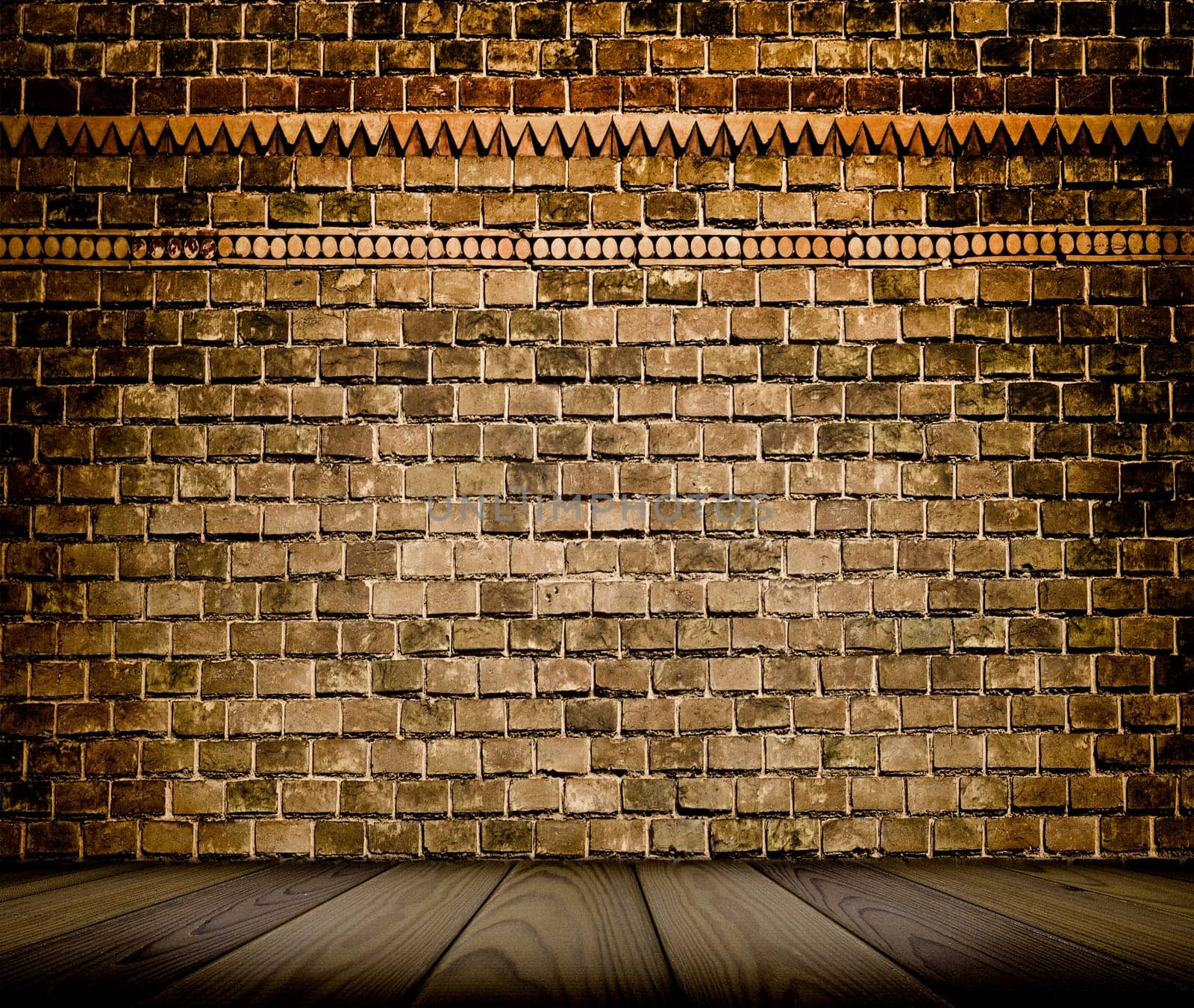 interior with an old brick wall and wooden floor