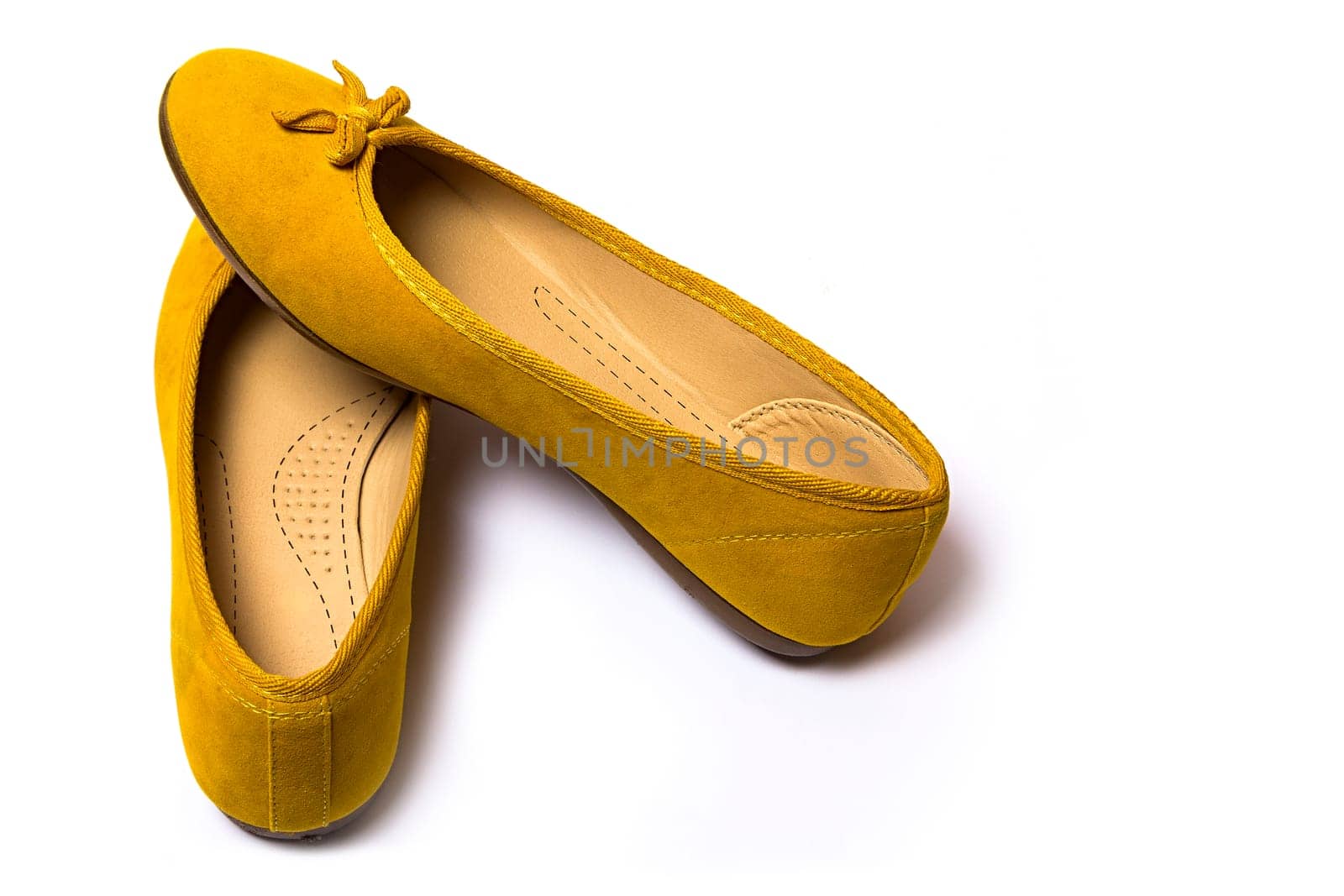 yellow female shoes closeup view from above on white background
