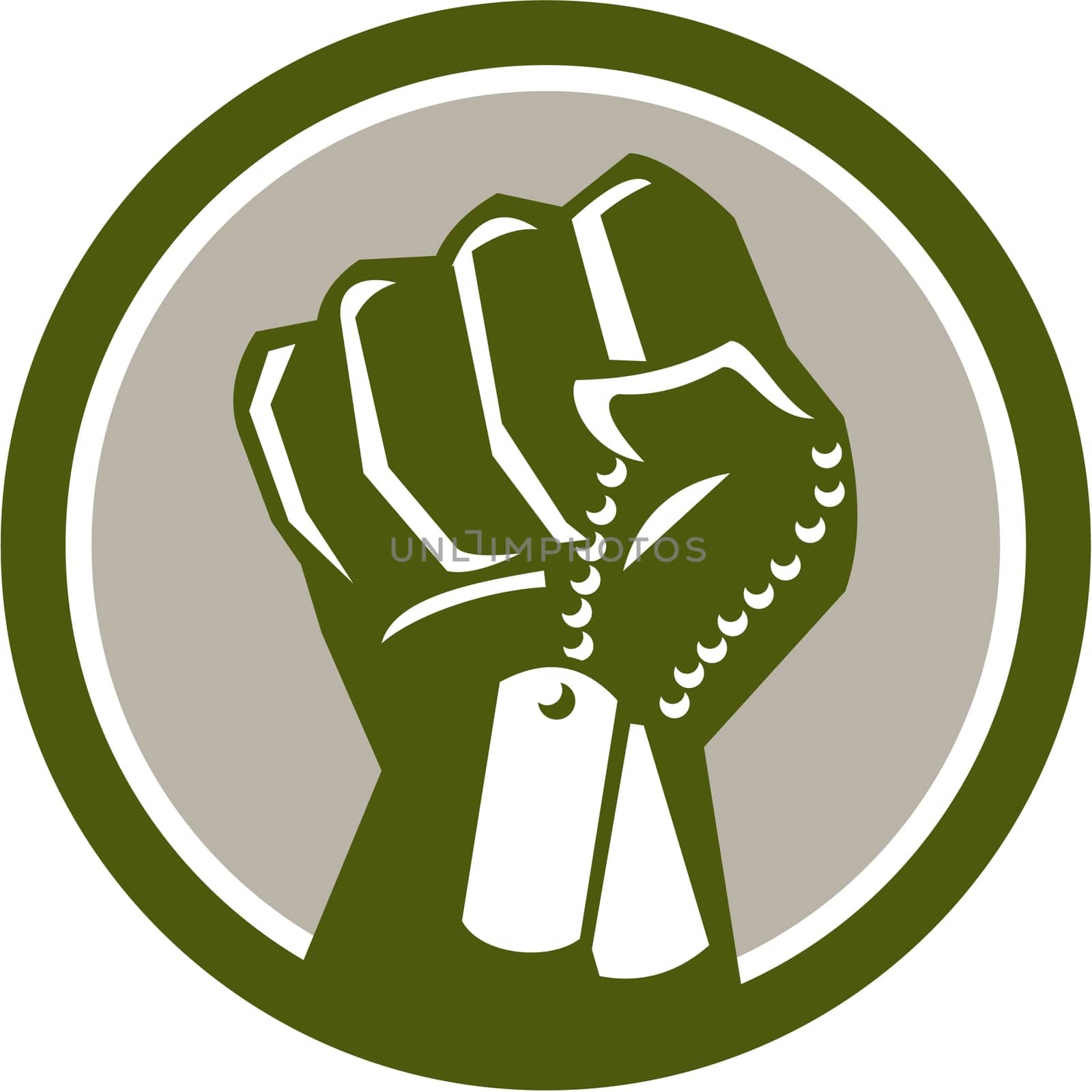 Illustration of a clenched fist clutching holding dogtag viewed from front set inside circle done in retro style.