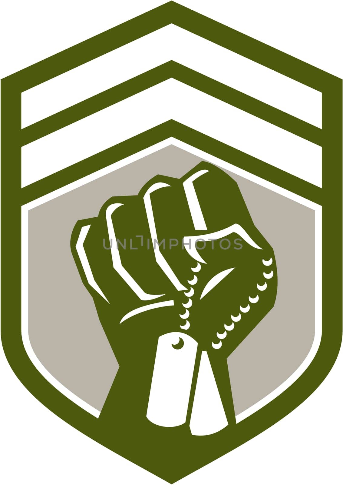 Illustration of a clenched fist clutching holding dogtag viewed from front set inside shield crest done in retro style.