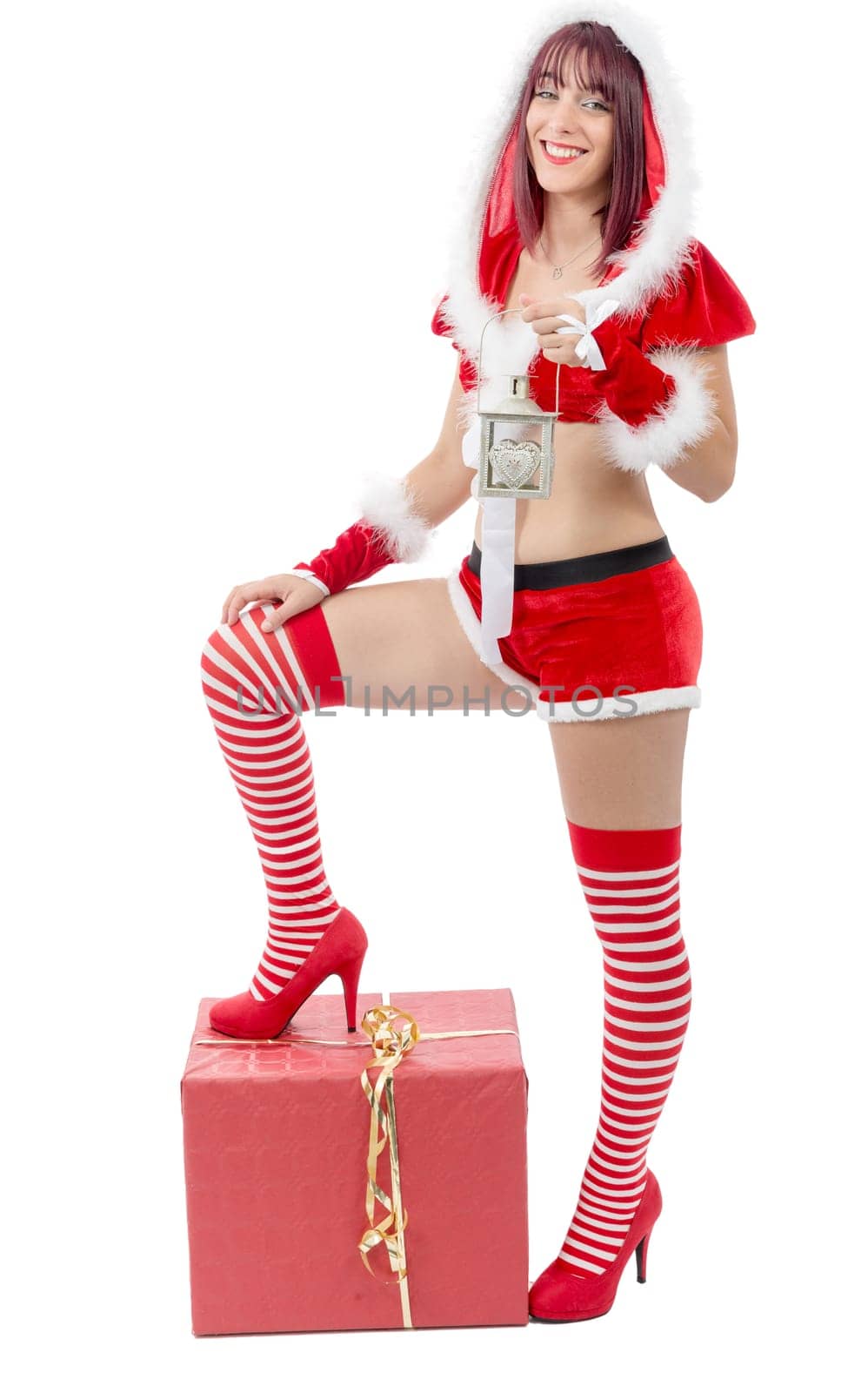 sexy attractive young female Santa Claus on white background