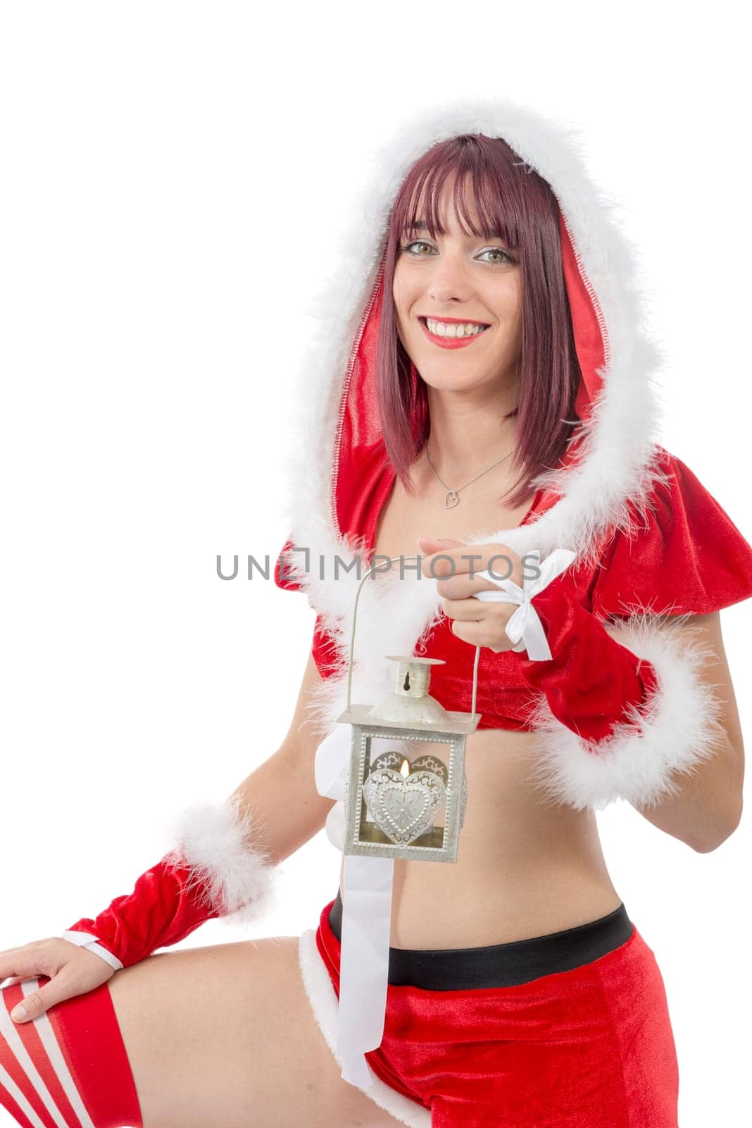 sexy attractive young female Santa Claus on white background