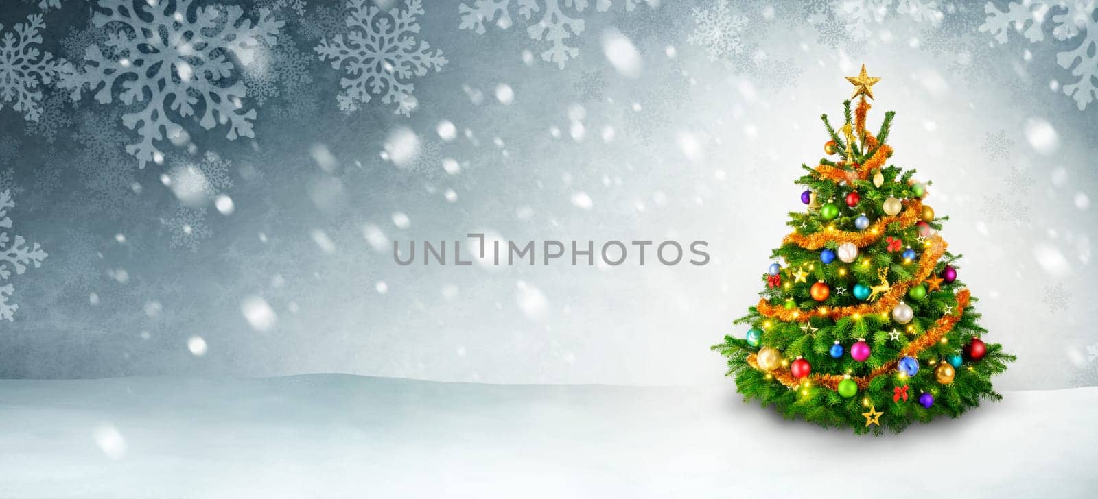 Colorful shiny Christmas tree on a panoramic snow background with copy space