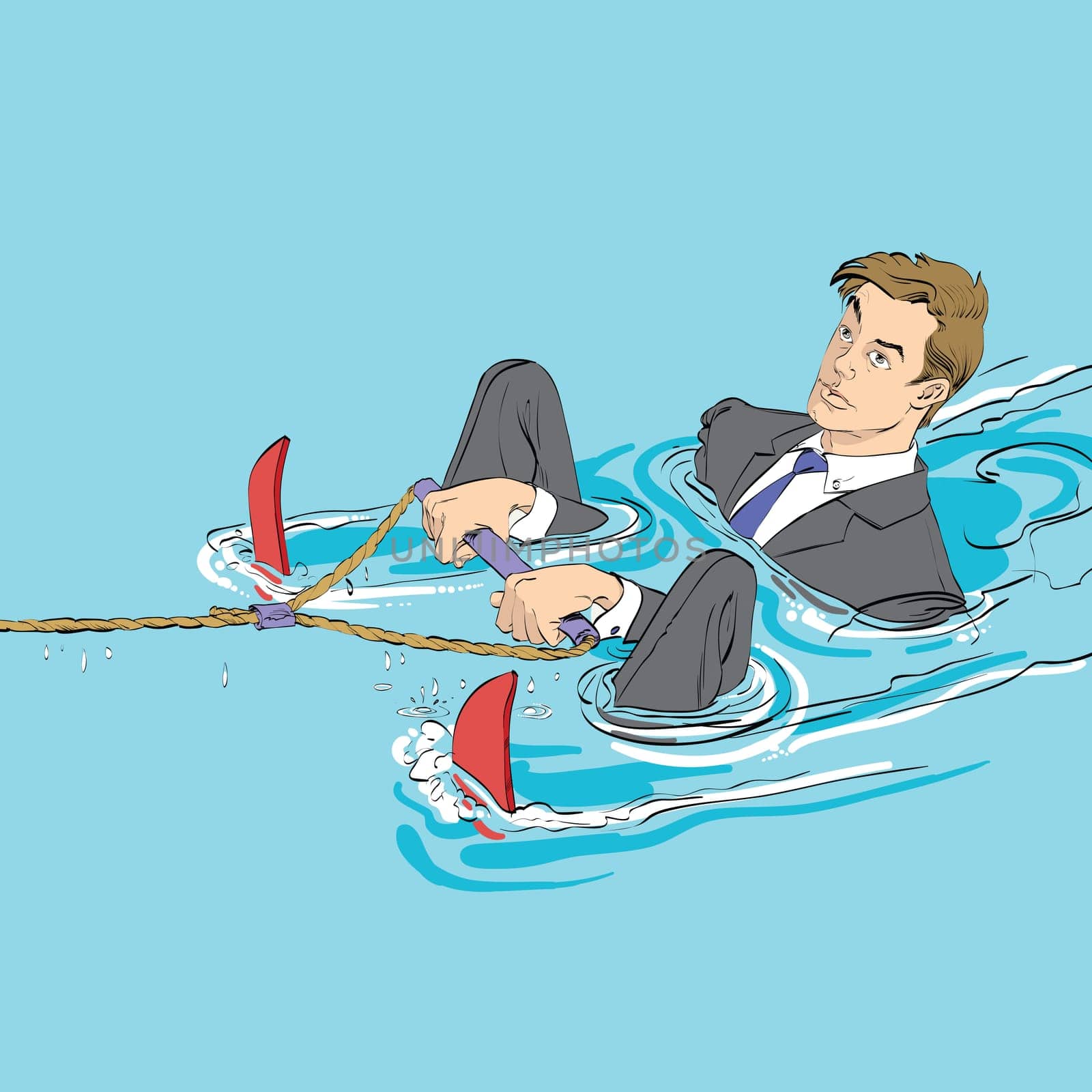 Business startup concept. Businessman in water skiing, hand drawn line art illustration. A man is ready to start