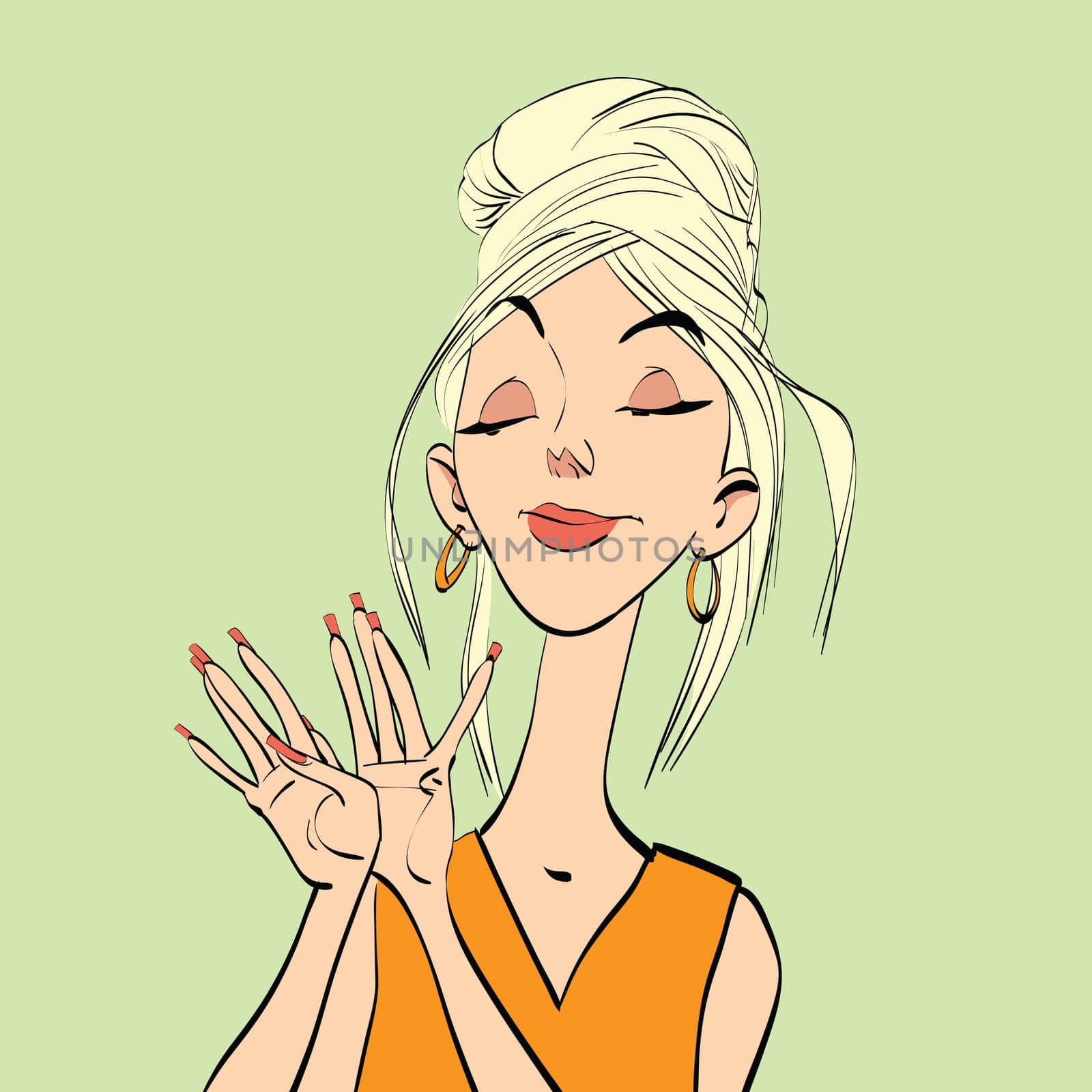 The manicure, young woman and beautiful nails, hand drawn line art illustration.