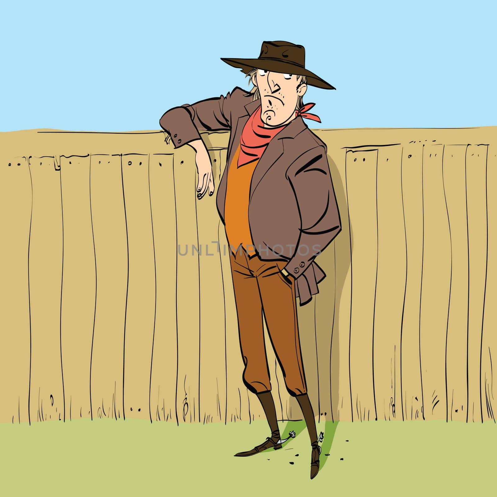 Cowboy in full figure standing near a fence, hand drawn line art illustration