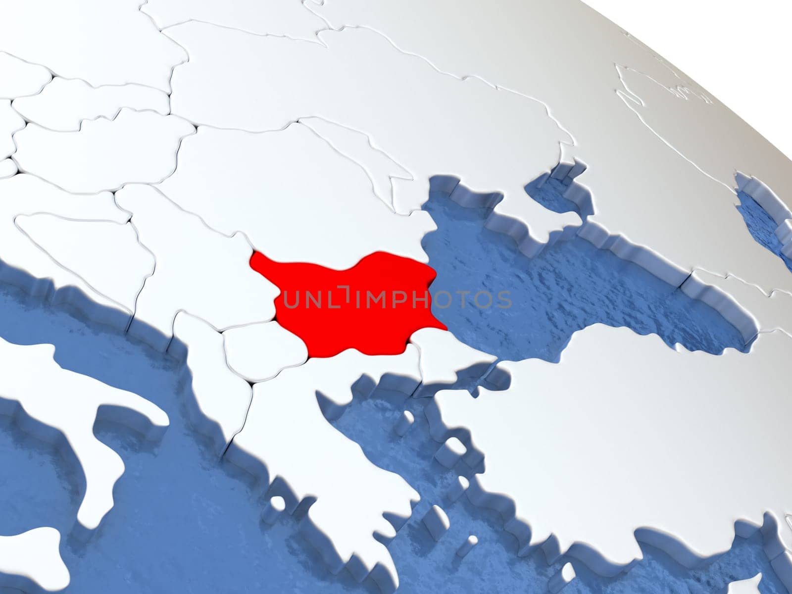 Map of Bulgaria on globe with metallic land and realistic water. 3D illustration