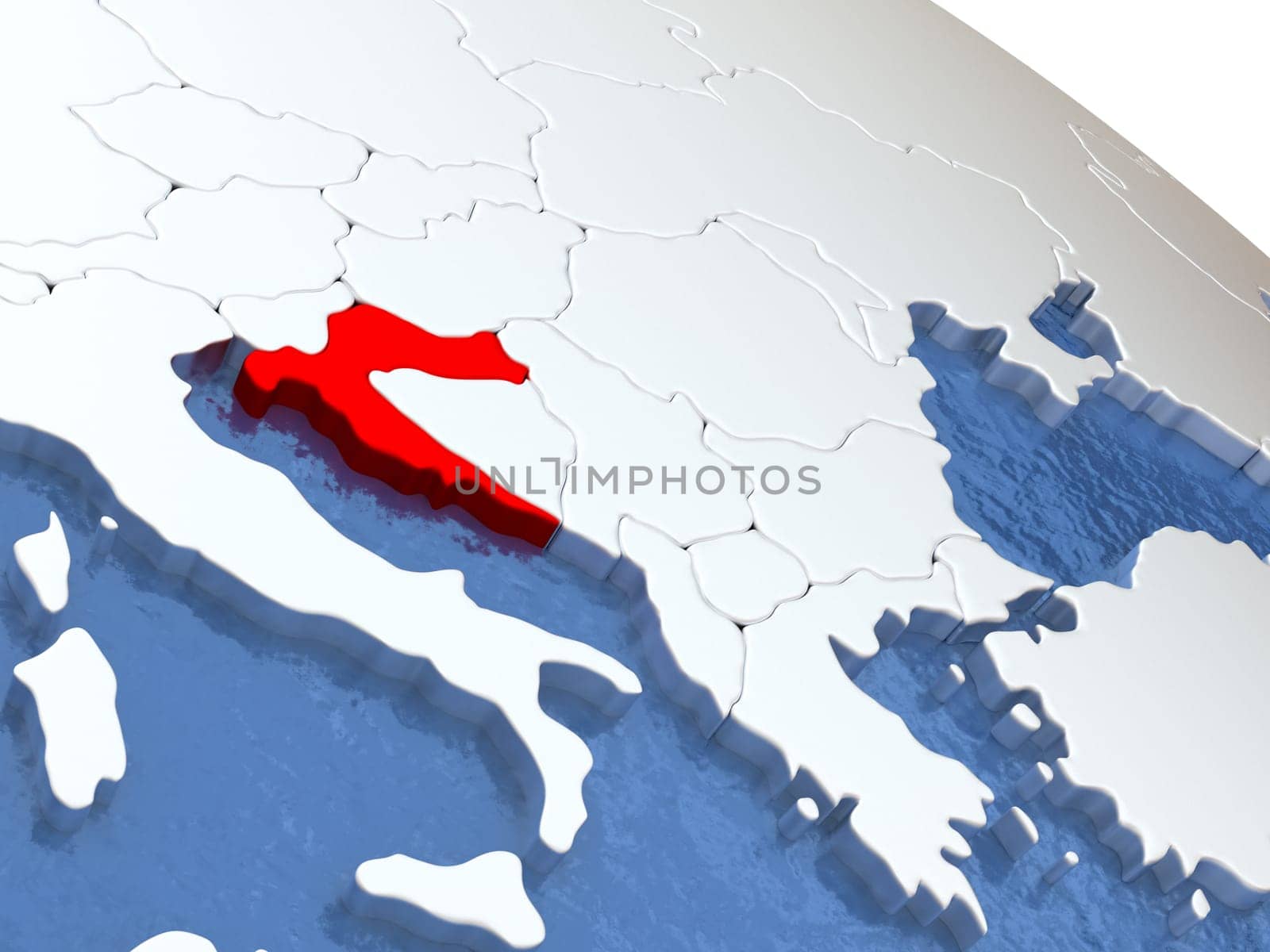 Map of Croatia on globe with metallic land and realistic water. 3D illustration