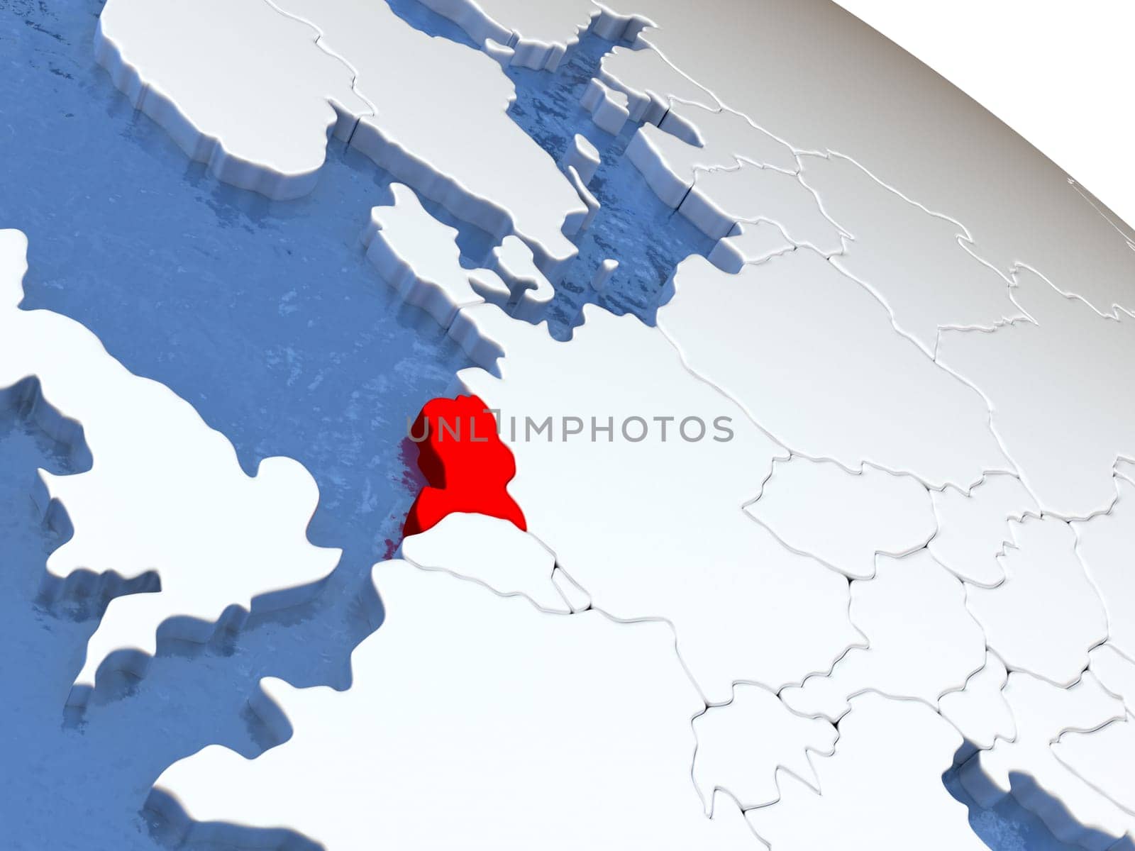 Map of Netherlands on globe with metallic land and realistic water. 3D illustration