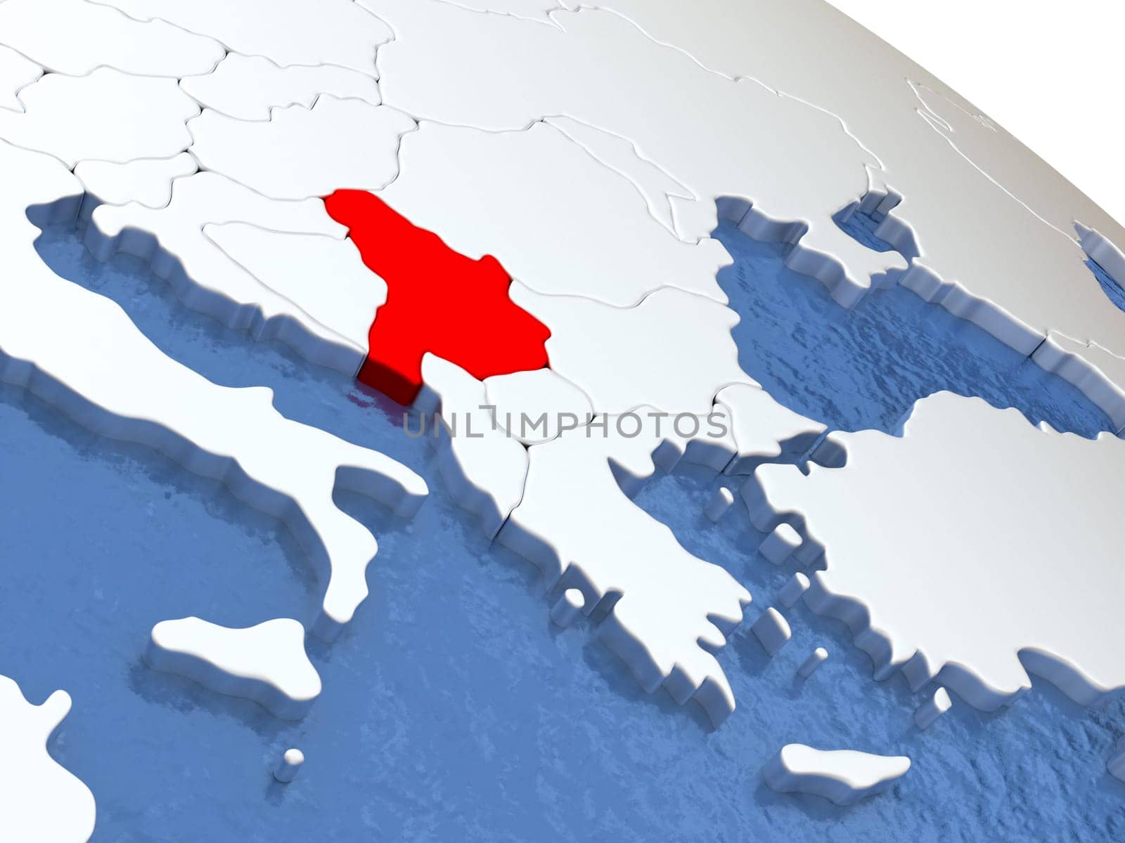 Map of Serbia on globe with metallic land and realistic water. 3D illustration