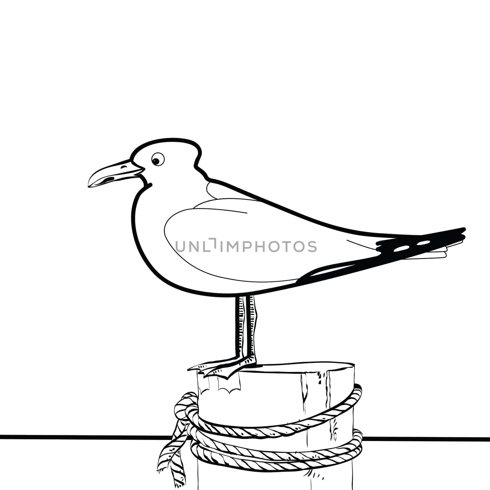 Sea gull sitting on the pier hands drawn vector illustration