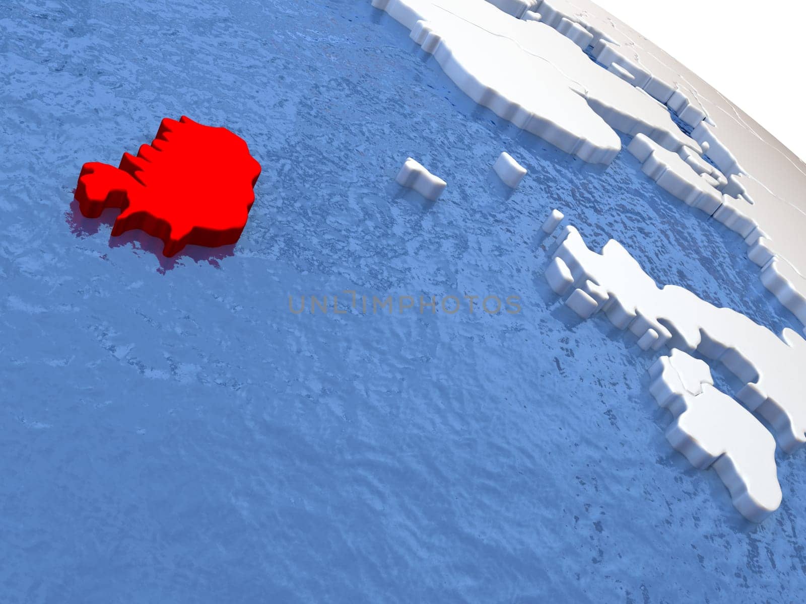 Map of Iceland on globe with metallic land and realistic water. 3D illustration