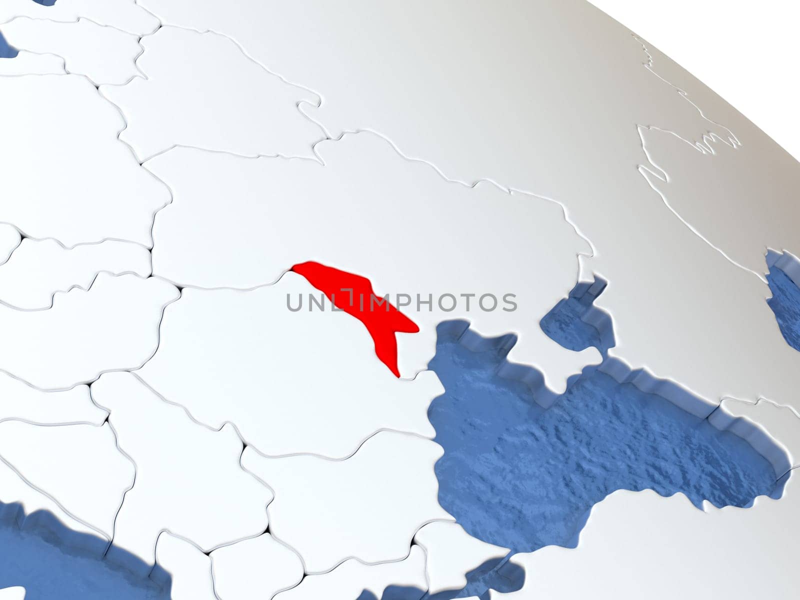 Map of Moldova on globe with metallic land and realistic water. 3D illustration