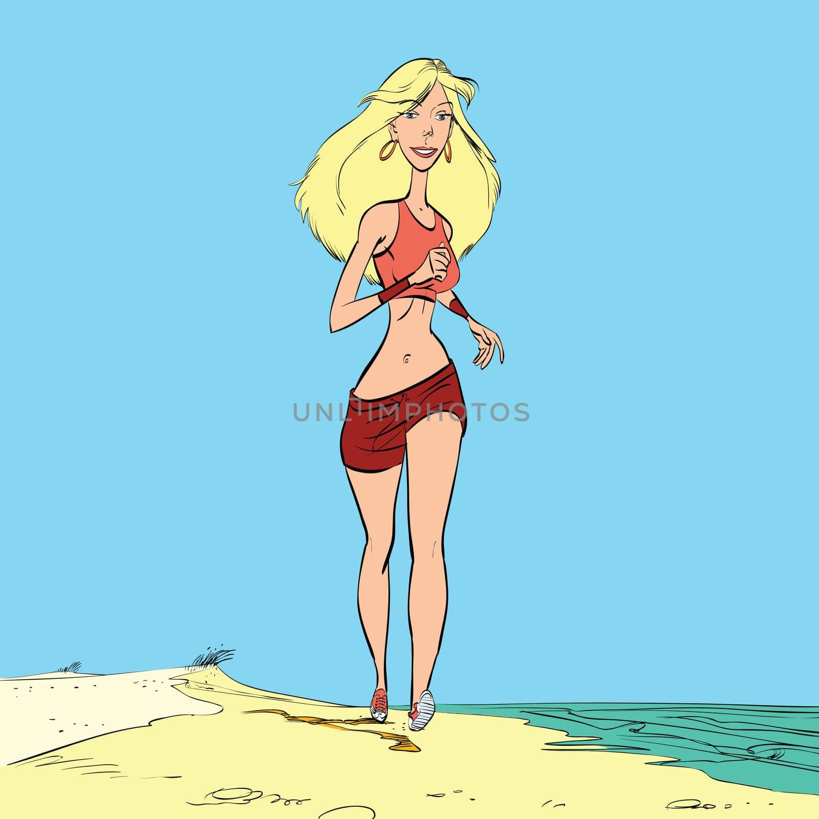 Athletic woman runs along the beach, hand drawn line art illustration. A healthy way of life. Beautiful blonde girl
