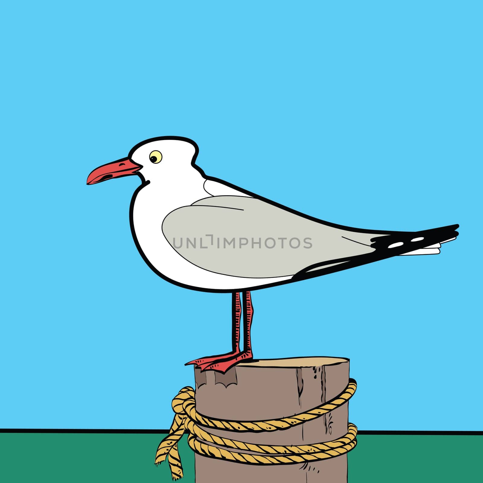 Sea gull sitting on the pier hands drawn vector illustration