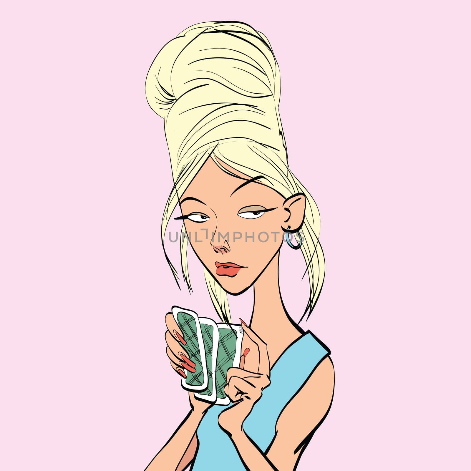 Poker face woman playing cards, hand drawn line art illustration