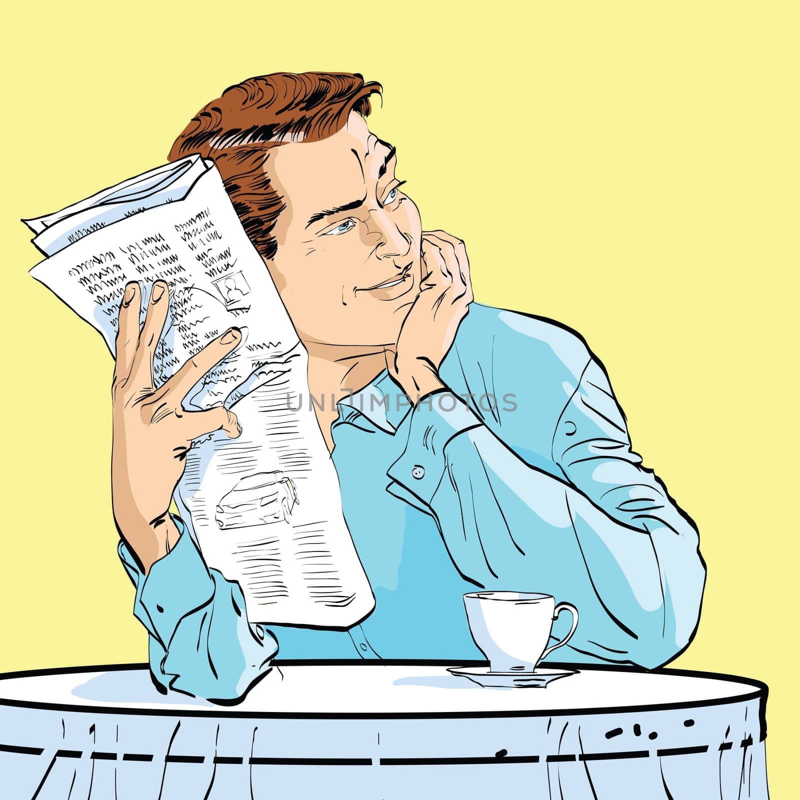 male newspaper Breakfast coffee table hands drawn vector illustration