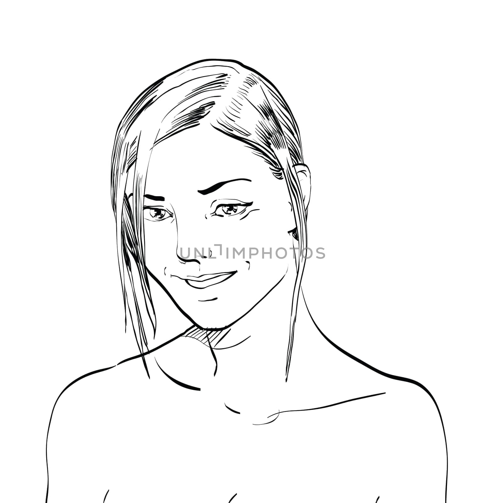 Cute smiling woman portrait on the beach hands drawn vector illustration. The rest of the sea