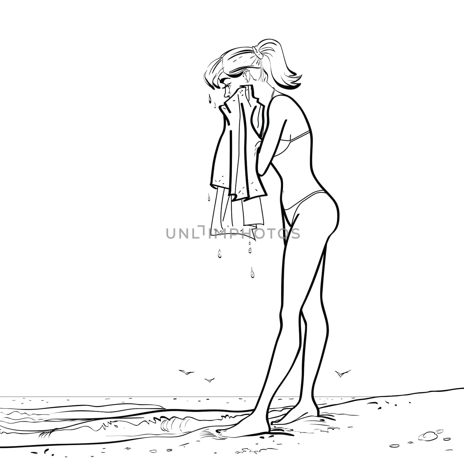 On the beach wet girl towel hands drawn vector illustration. The rest of the sea