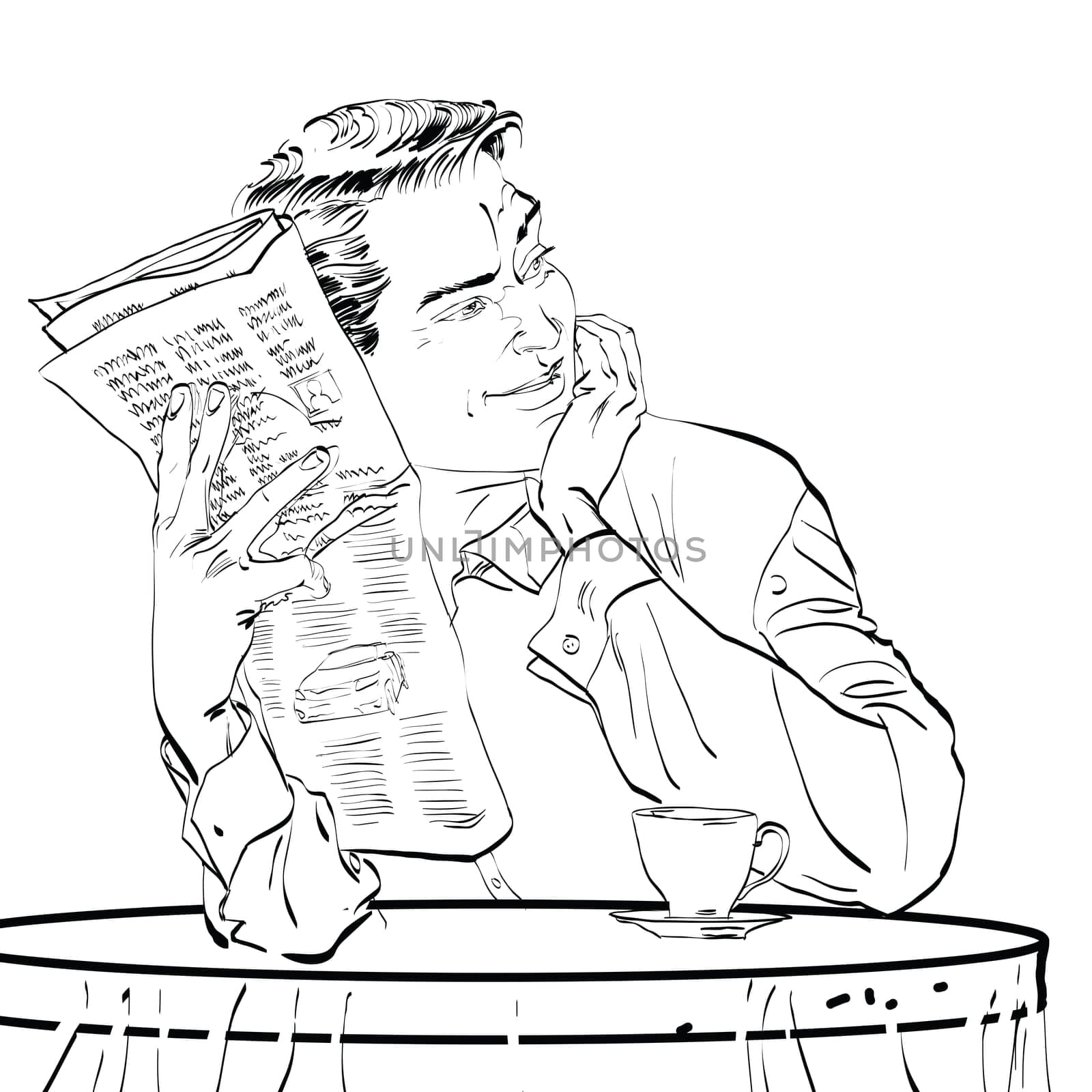 male newspaper Breakfast coffee table hands drawn vector illustration