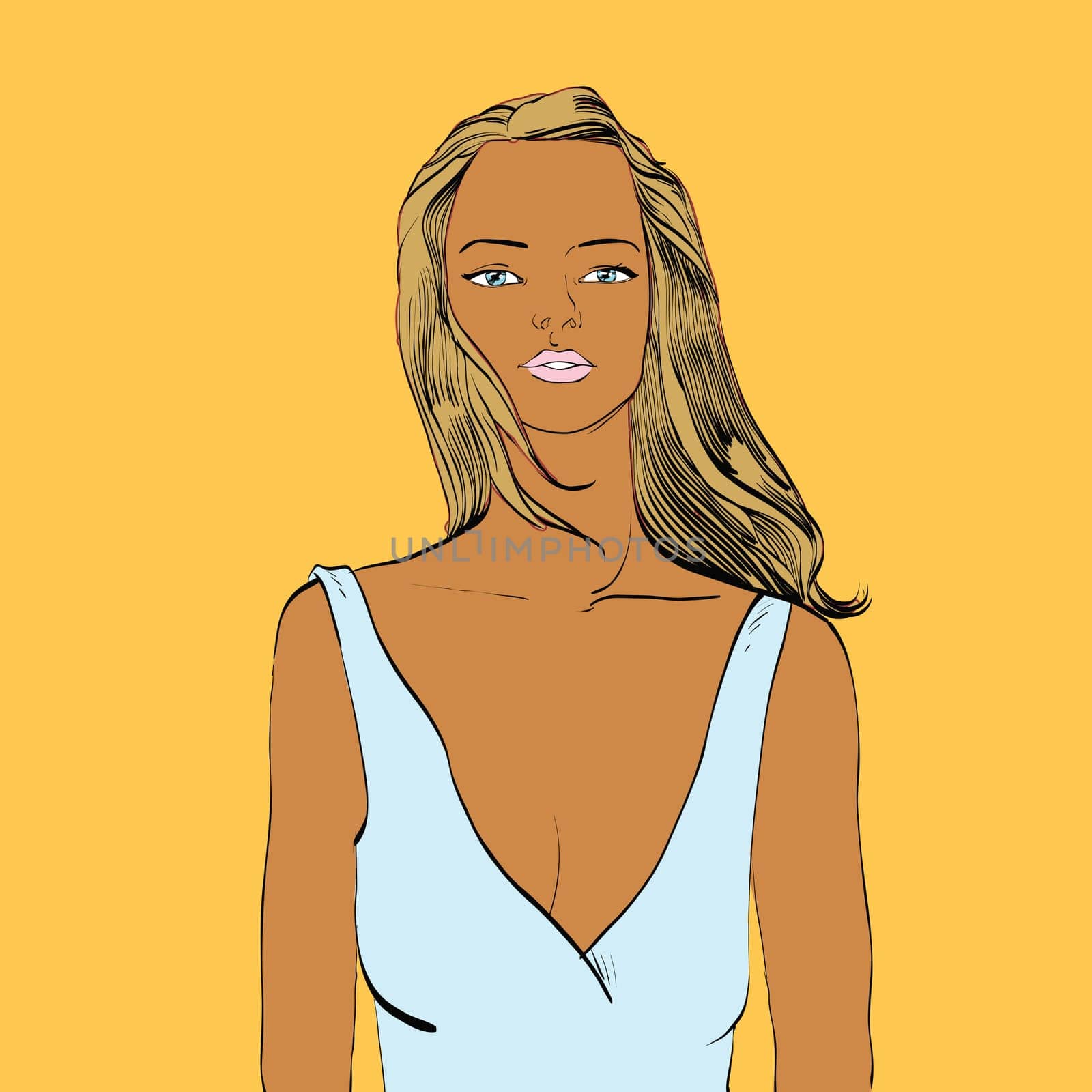 Beautiful tanned woman in swimsuit hands drawn vector illustration