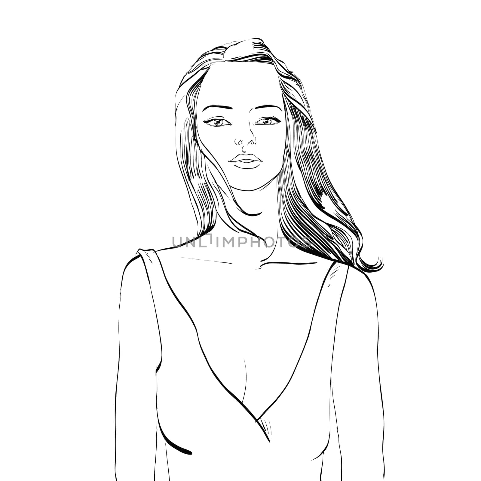 Young woman in bathing suit black and white drawing hands drawn vector illustration