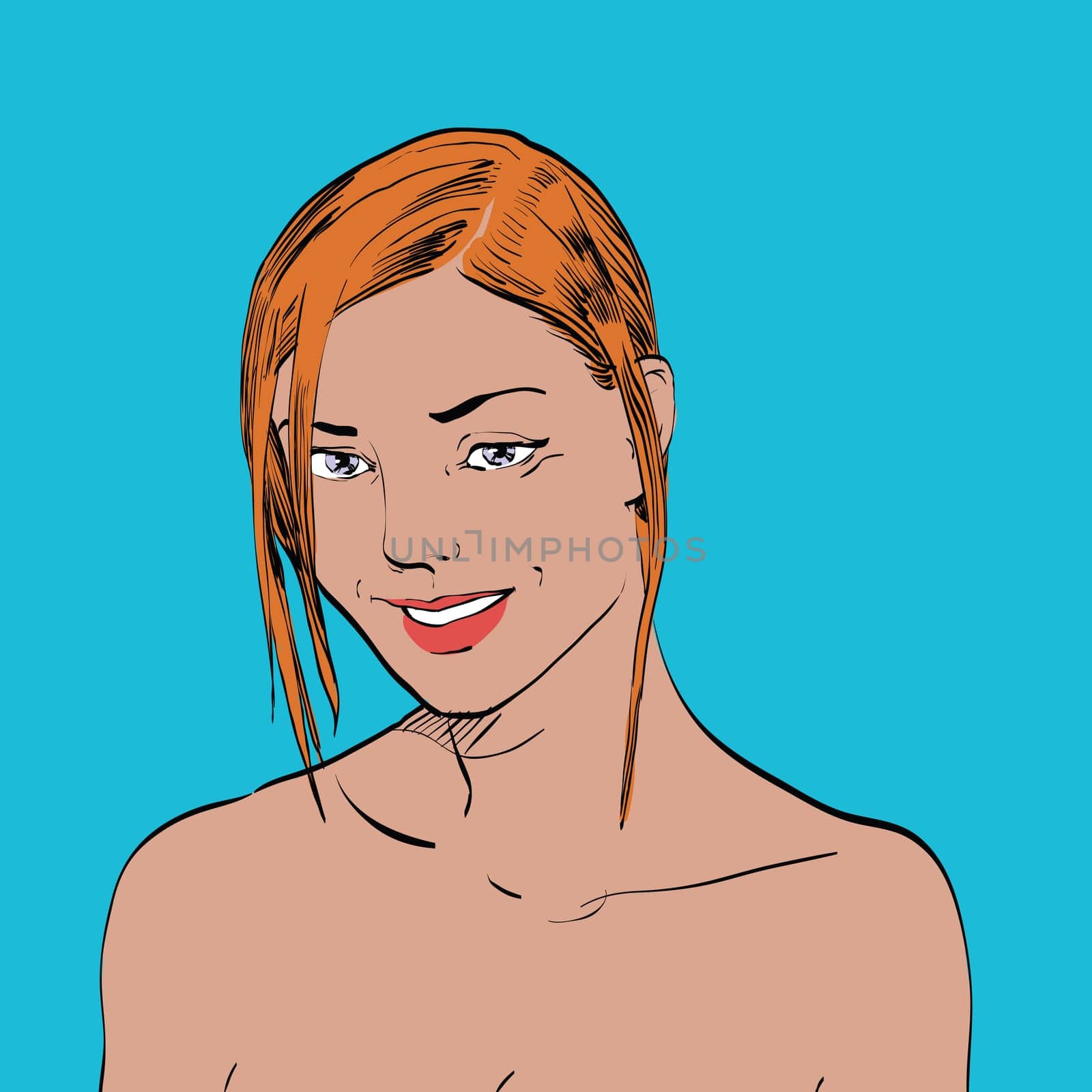 Cute smiling woman portrait on the beach hands drawn vector illustration. The rest of the sea