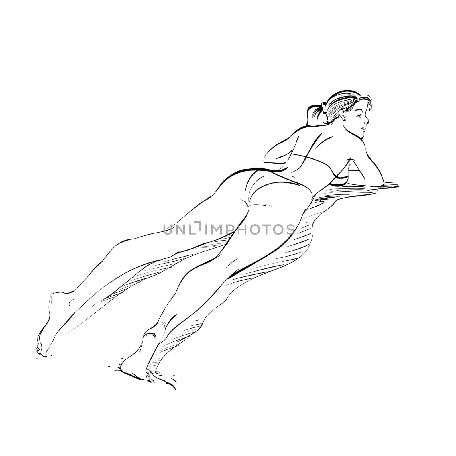 Beautiful girl sunbathes on a beach hands drawn vector illustration. The rest of the sea