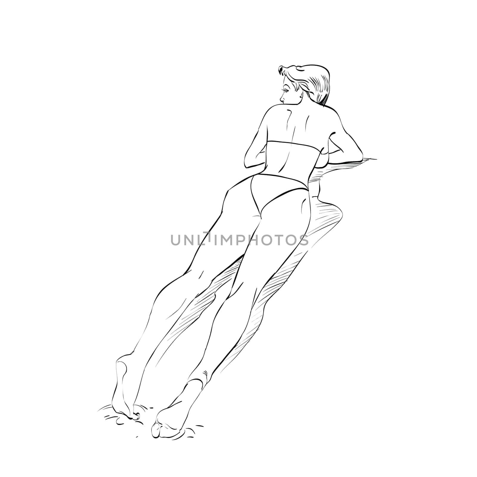 Beautiful girl sunbathes on a beach hands drawn vector illustration. The rest of the sea