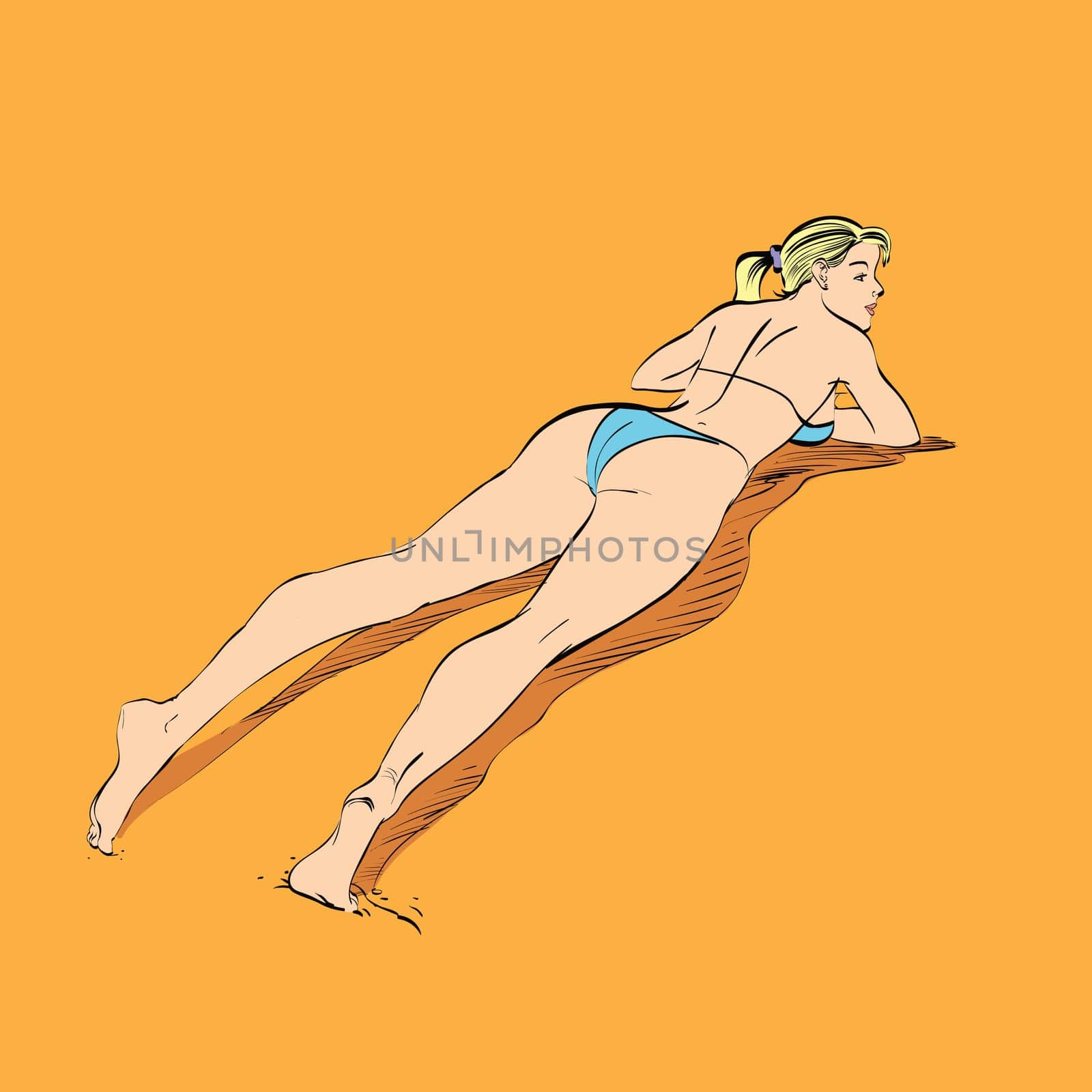 Beautiful girl sunbathes on a beach hands drawn vector illustration. The rest of the sea