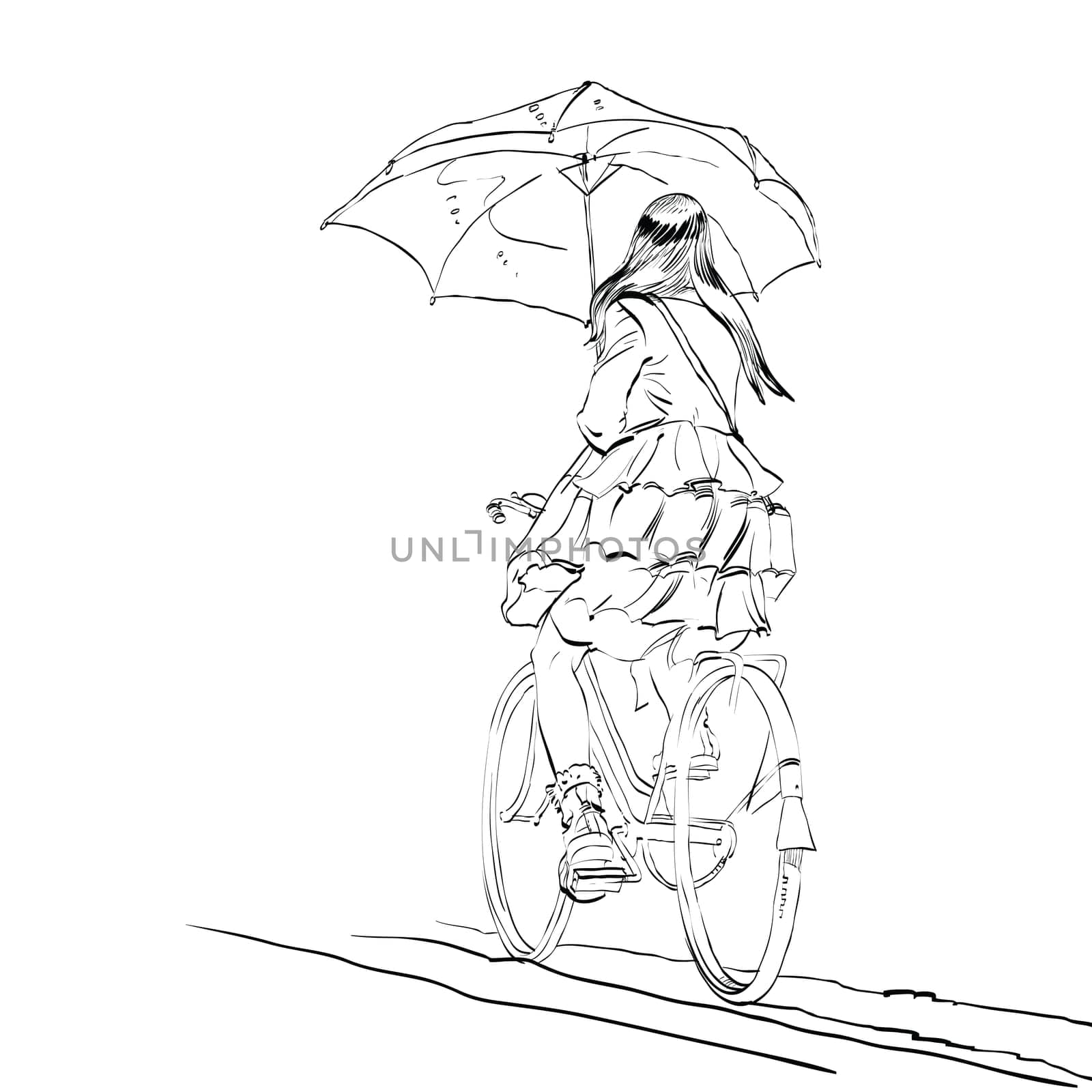 Girl on bike with umbrella autumn rain hands drawn vector illustration. Beautiful woman symbol of loneliness and sadness. A cyclist rides on the road