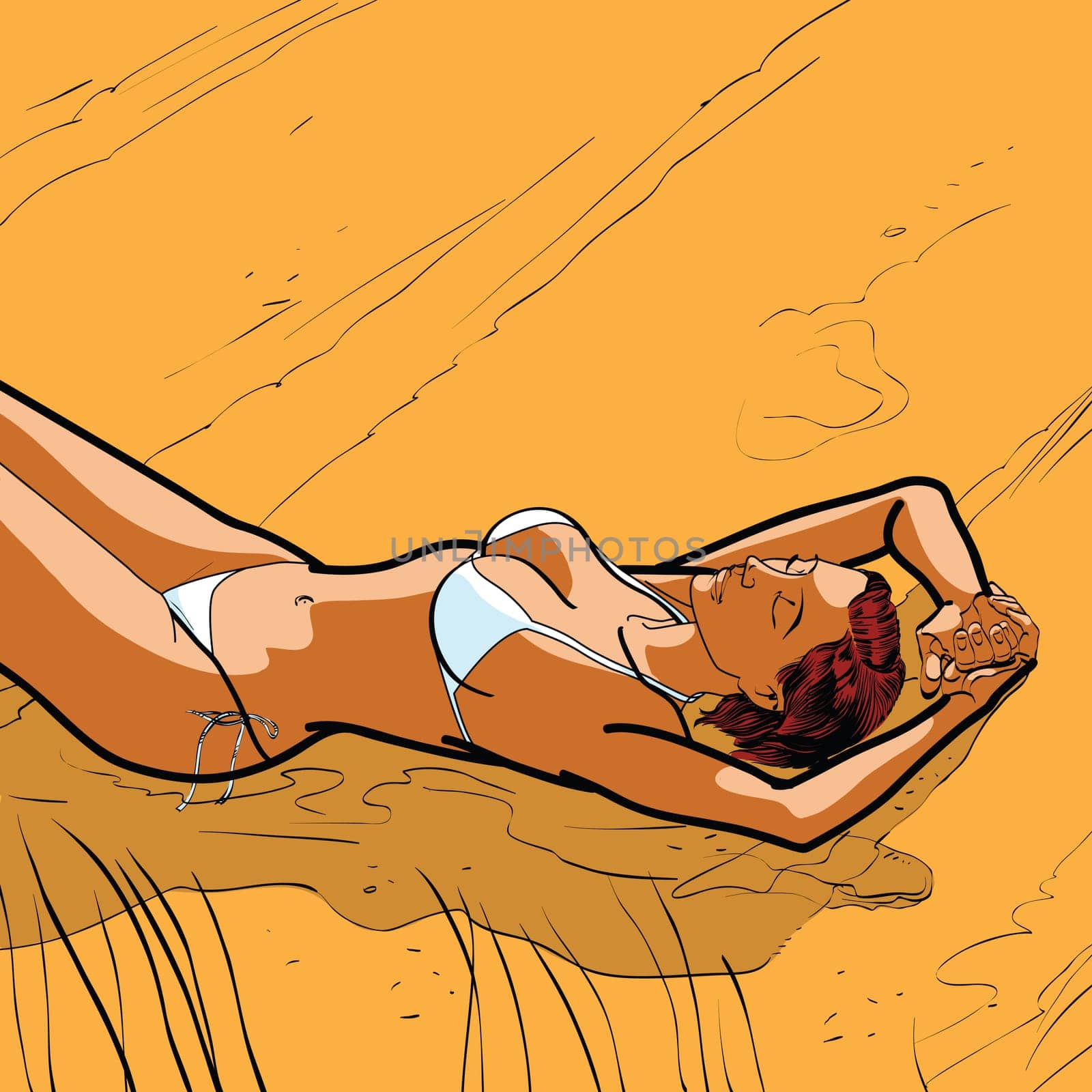Sexy tanned girl in a bikini on the beach hands drawn vector illustration. The rest of the sea