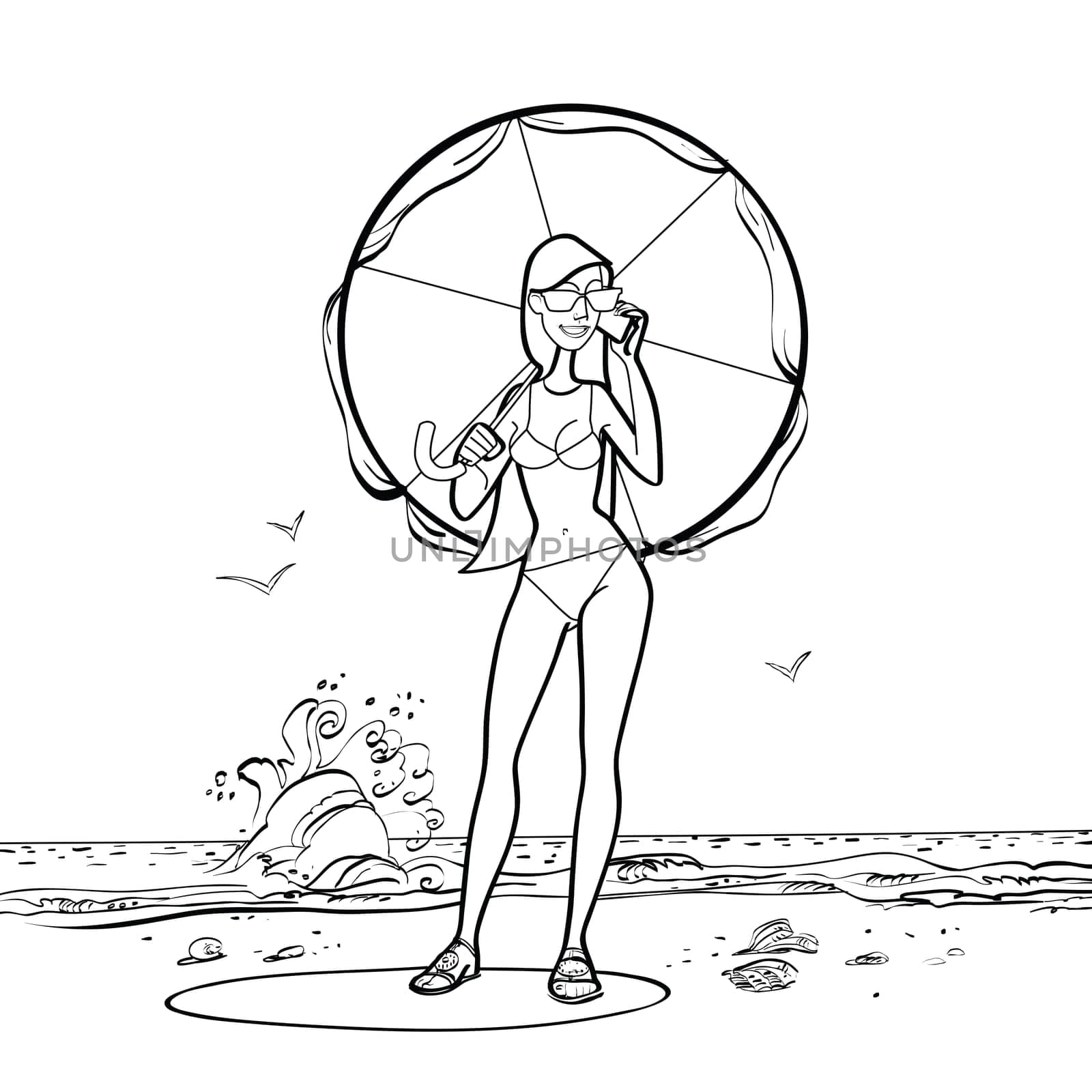 Girl in swimsuit by the sea with a sun umbrella hands drawn vector illustration