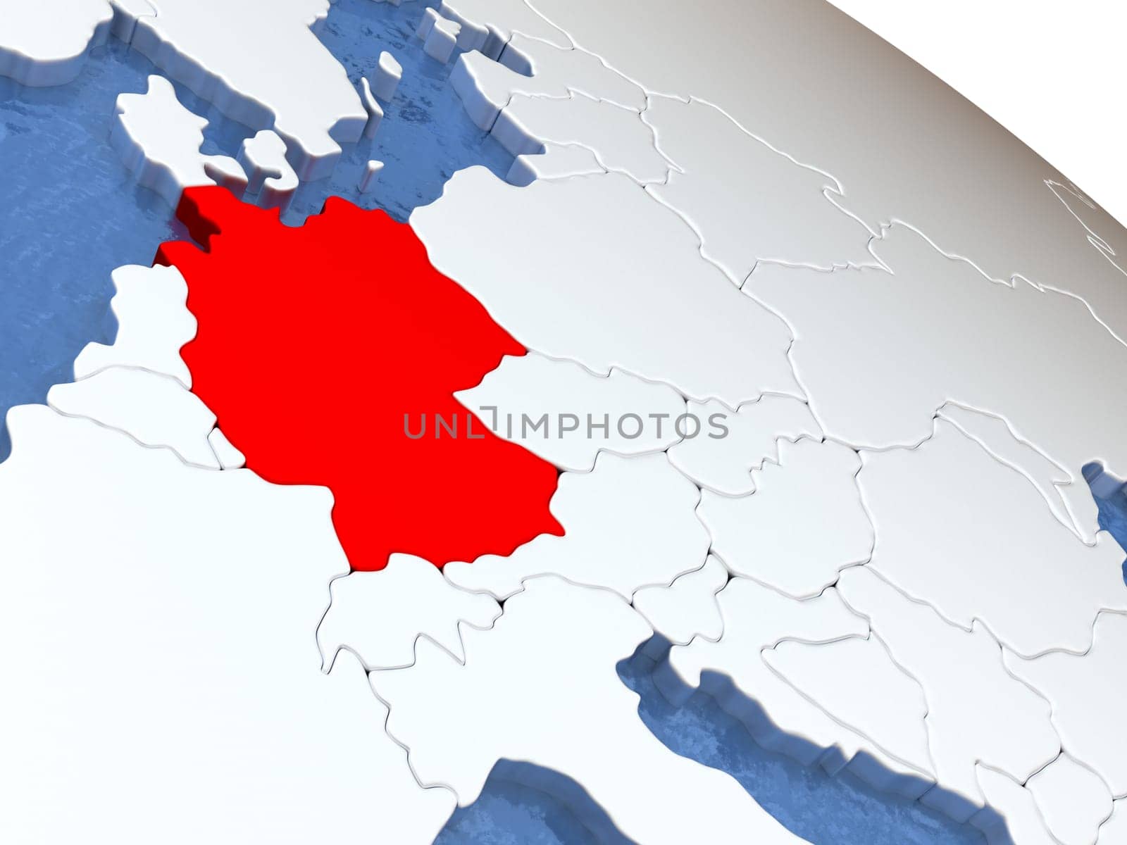 Map of Germany on globe with metallic land and realistic water. 3D illustration