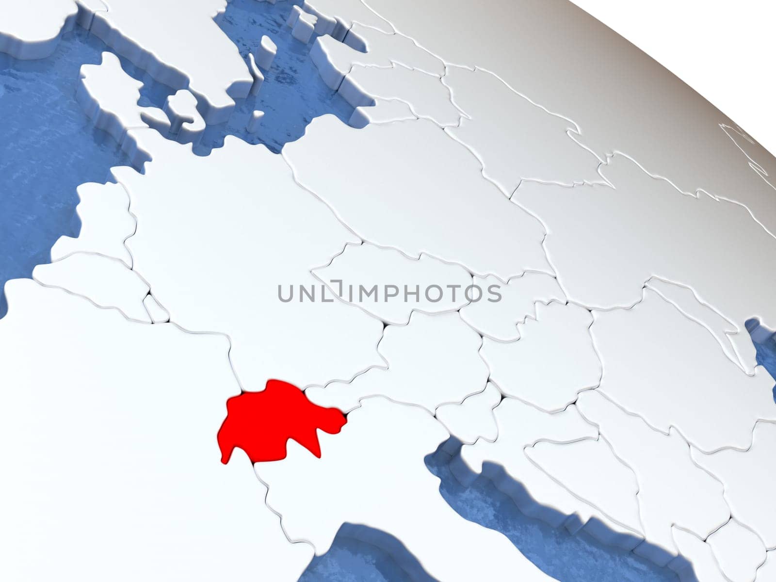 Map of Switzerland on globe with metallic land and realistic water. 3D illustration